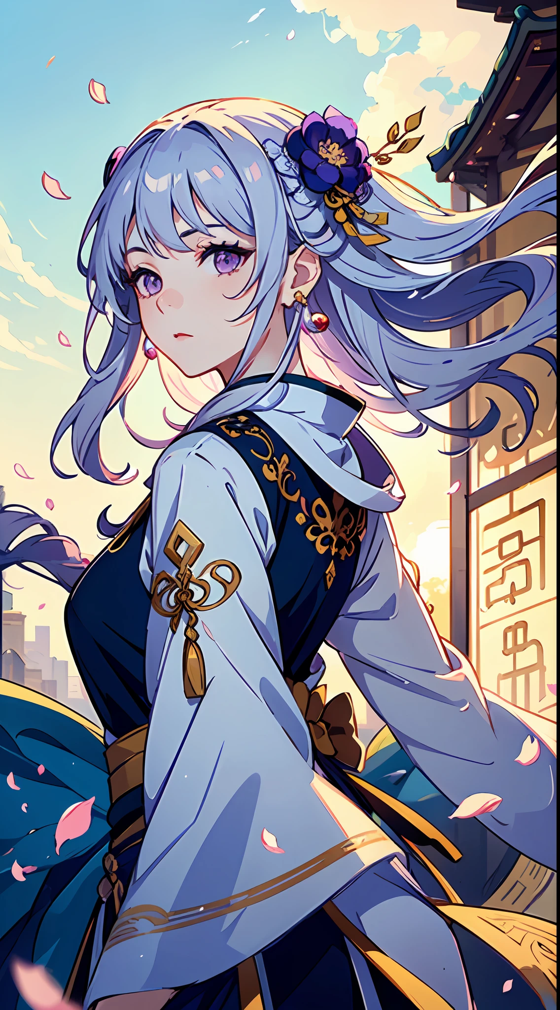 Mature girl, purple eyes, blue-white hair color, floating hair, delicate and flexible eyes, intricate damask hanfu, gorgeous accessories, wearing pearl earrings, fov, f/1.8, masterpiece, ancient Chinese architecture, blue sky, flower petals flying, front portrait shot, Chang'e, side lighting, sunlight on people, 8K