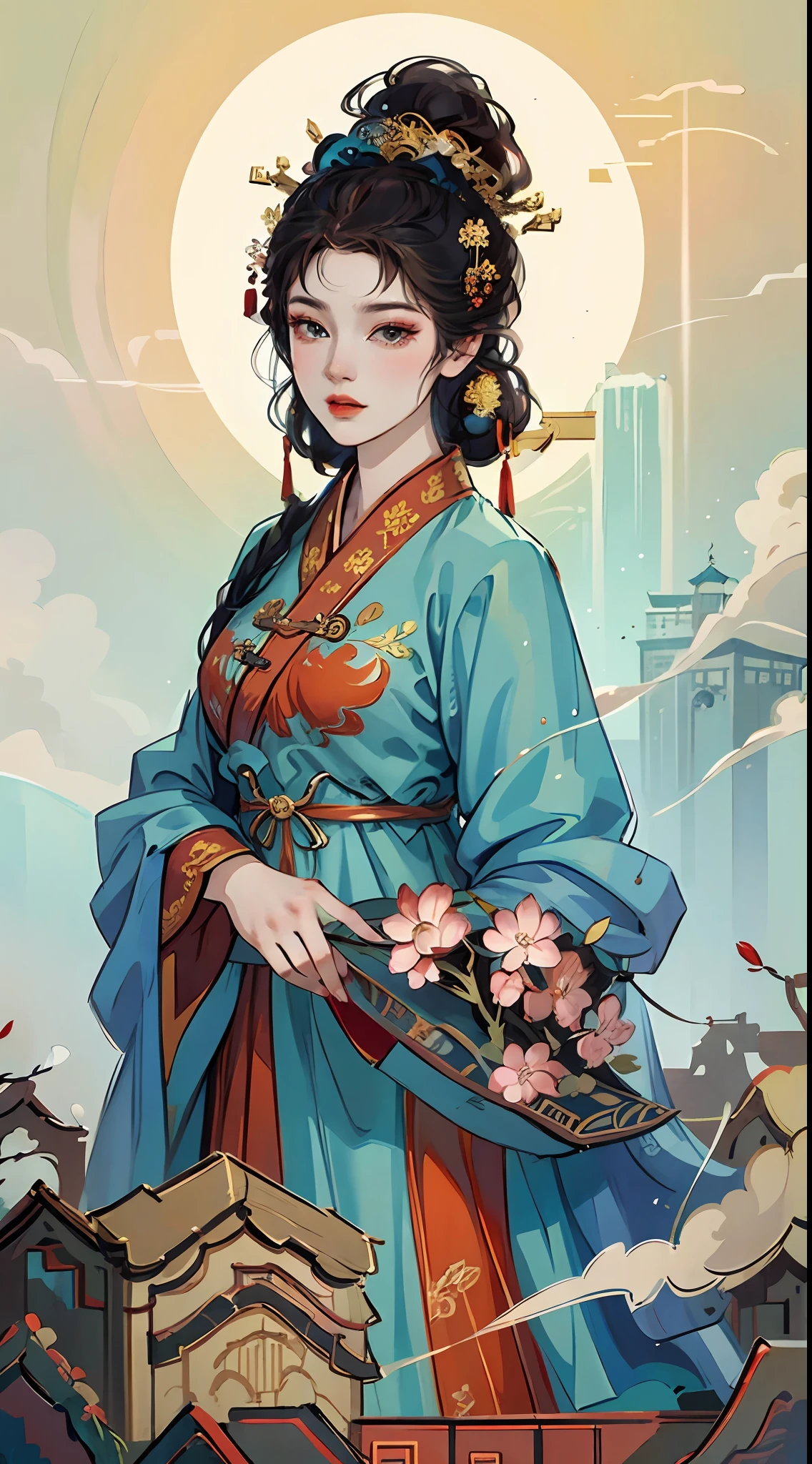 An illustration of ancient Chinese style, In the picture, an ancient woman dressed in red, The background is the lights of ten thousand homes, hair ornament, depth of field, cinematic lighting, god rays, backlighting, high detail, anime style, UHD, masterpiece, highres --auto