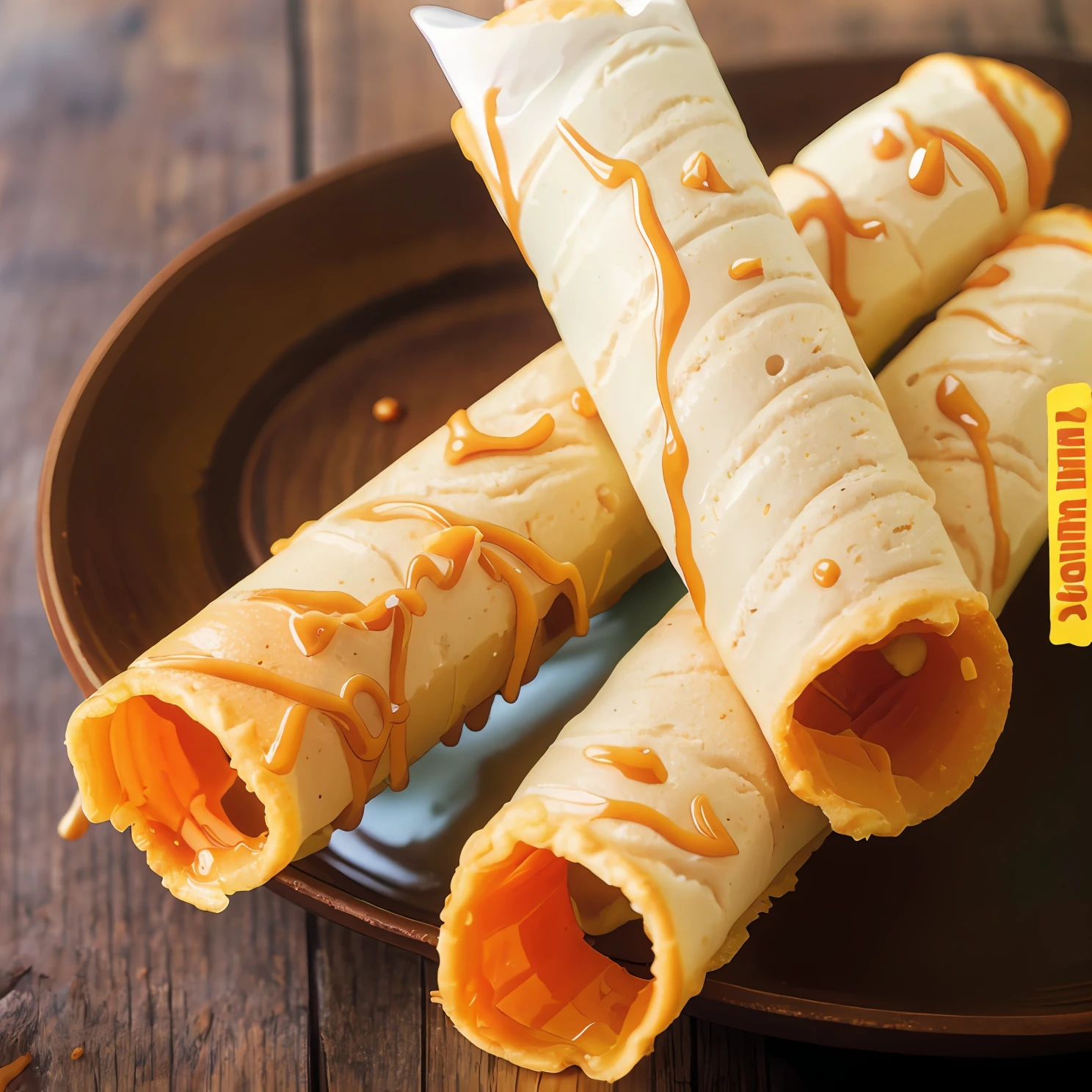 There were two pieces of food on the plate on the table, caramel, jackstraws, cone, smooth, ice cream cones, pastels, cone shaped, Snacks, gauze, detailled image, tastes, recipe, high quality”, 50 millimeters, 5 0 mm, high quality”, 50 mm, Illustration form