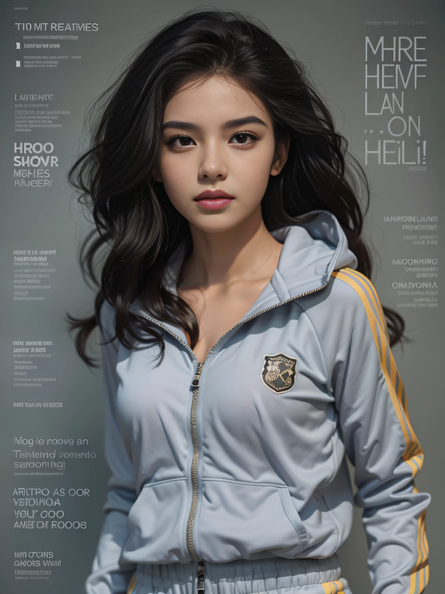 Exquisite facial features，Beautiful female teacher，cabelos preto e longos，track suit，hot pant，The upper part of the body，in front of a  school，Mid-range vision（（MagazineCover））