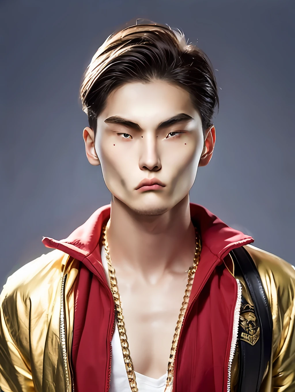 A male high school student,PC red clothes,big gold chain,Medium hair style,Little goatee