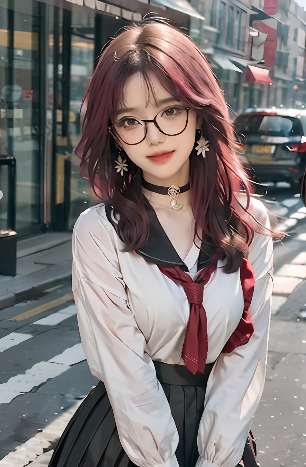 tmasterpiece，1girll，waist-up，light  smile，Glossy glossy skin，best qualtiy，tmasterpiece，（Photorealsitic：1.4），school uniform，pleatedskirt，black lence stockings，Background bokeh，（largeaperture：1.2），A pink-haired，choker necklace，Earrings Eyes that look at the lenses with glasses