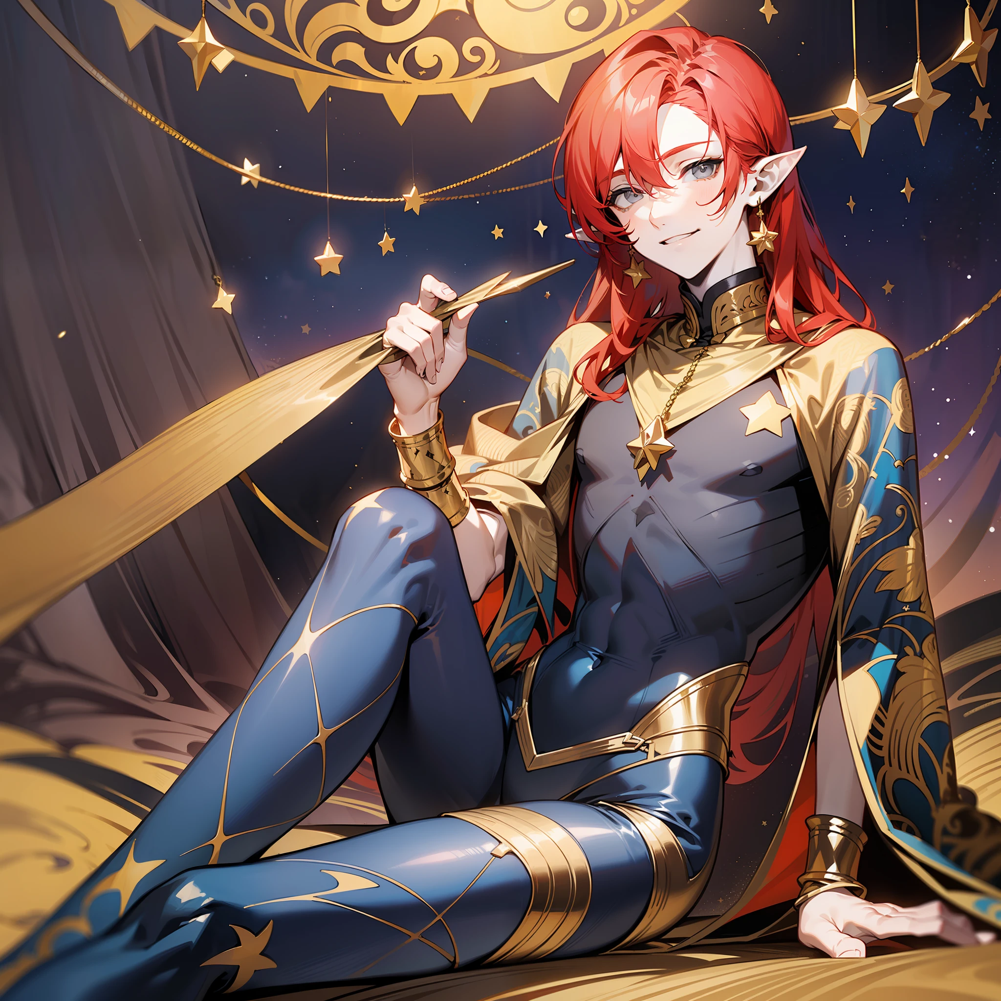 young man, (((male))), man, (((one person))), (((single))), (((solo))), ((1guy)), (((very pale skin))), ((pale skin)), (((red hair))), ((red colored hair)), (((grey colored eyes))), long hair, (((slim body))), slender body, slim figure, twink, (((flat chest))), (((fantasy style))), ((black colored fabric)), (((indigo colored fabric))), ((dark blue colored fabric)), (((patterns on leggings))), (((magical patterns on clothes))), (((fantasy patterns on clothes))), ((wearing tight leggings)), (wearing patterned leggings), (golden patterns), ((wearing golden accessories in his hair)), ((golden jewellery)), ((pointy ears)), (((grey eyes))), smooth skin, stars ornaments, sun moon ornaments, stars decoration, (male face), smiling, circus tents in the background, nighttime, sitting by a campfire, a few trees, patterned fabric draped on the ground, circus in the background, holding up a small star ornament on a string