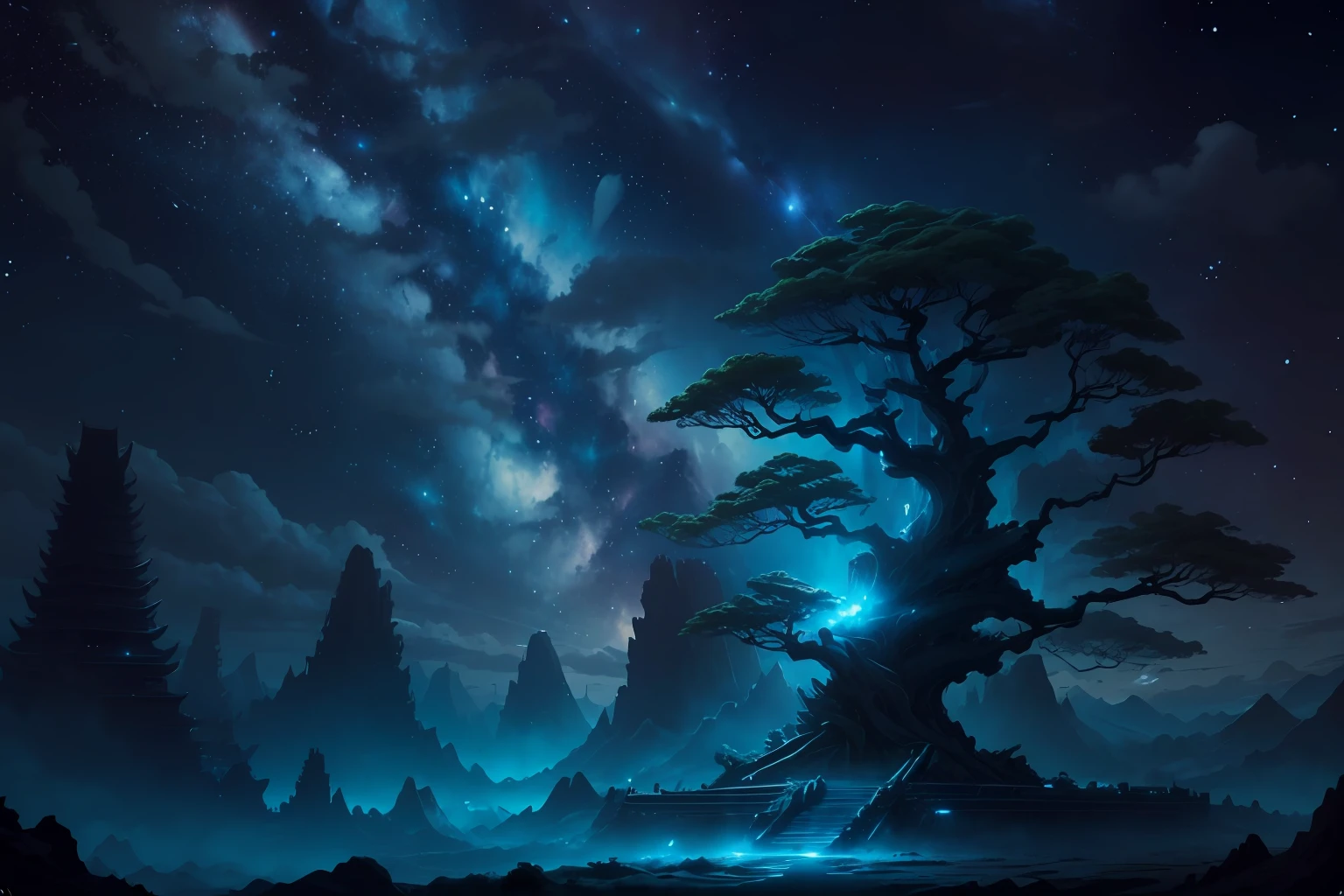 Skysky, stele(Skysky), landscapes, starrysky, natta, nigh sky, 独奏, built, ​​clouds, milkyway, sitting on, The tree, length hair, 城市, silhuette, Cityscape、starrysky、memories、 --auto