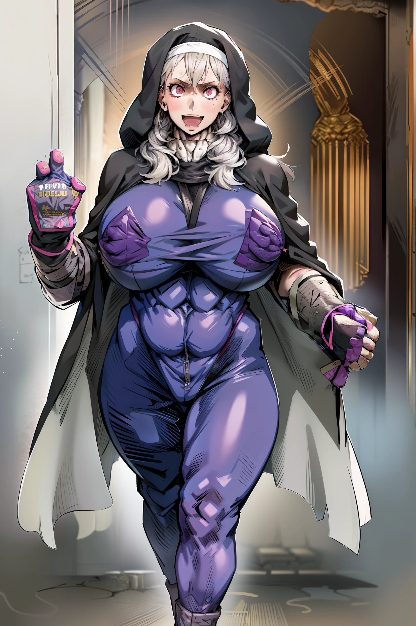 noi_dorohedoro, noi, Muscular girl, huge-breast, grande femme, priestess, art martial, modeste, fully clothed, curved,, pants, cloak, priestess, holy, , smile, coat, medieval, unmasked, nun, cloak,, black body suit, walking, medieval city, forest