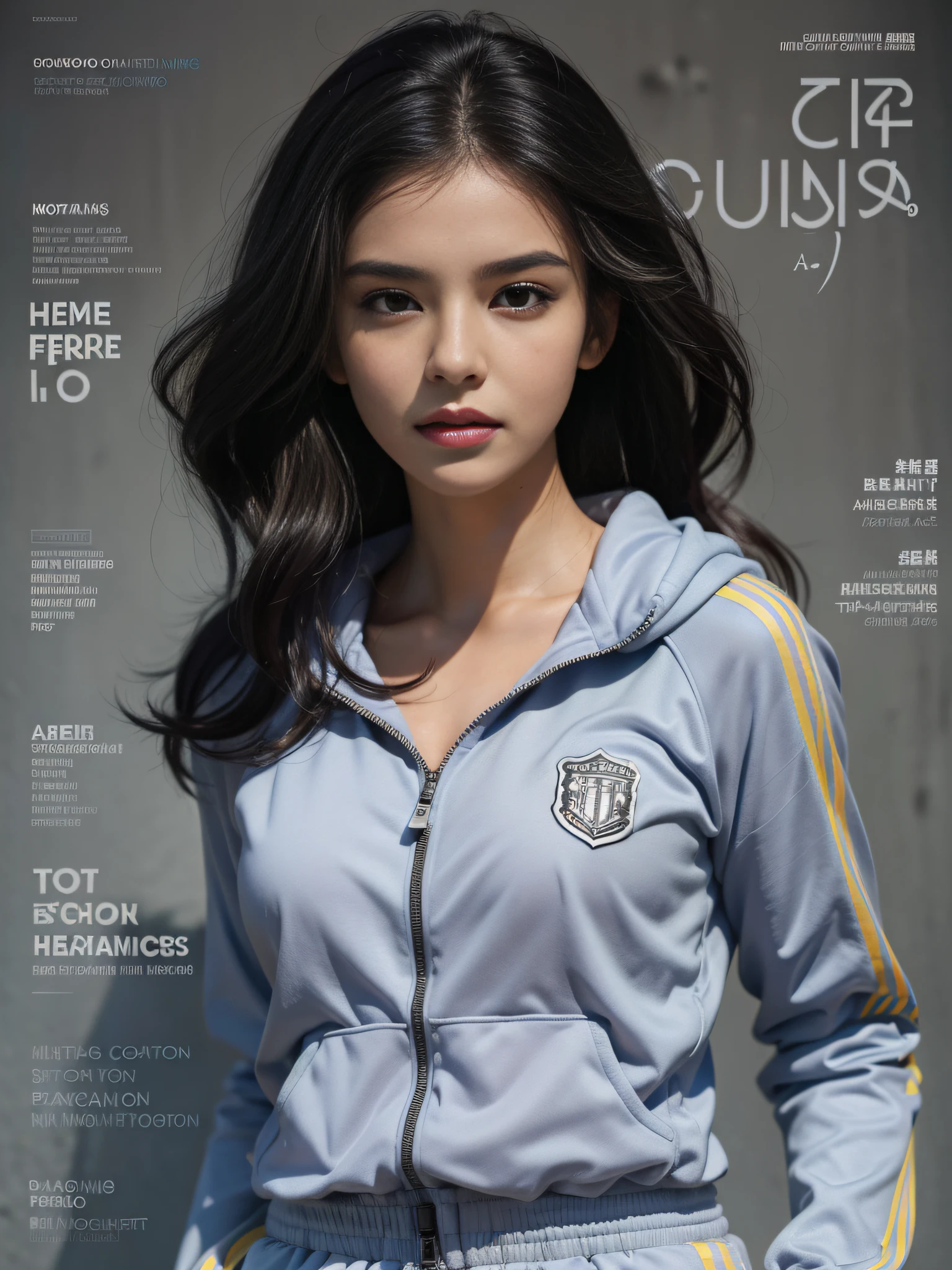 Exquisite facial features，Beautiful female teacher，cabelos preto e longos，track suit，hot pant，The upper part of the body，in front of a  school，Mid-range vision（（MagazineCover））