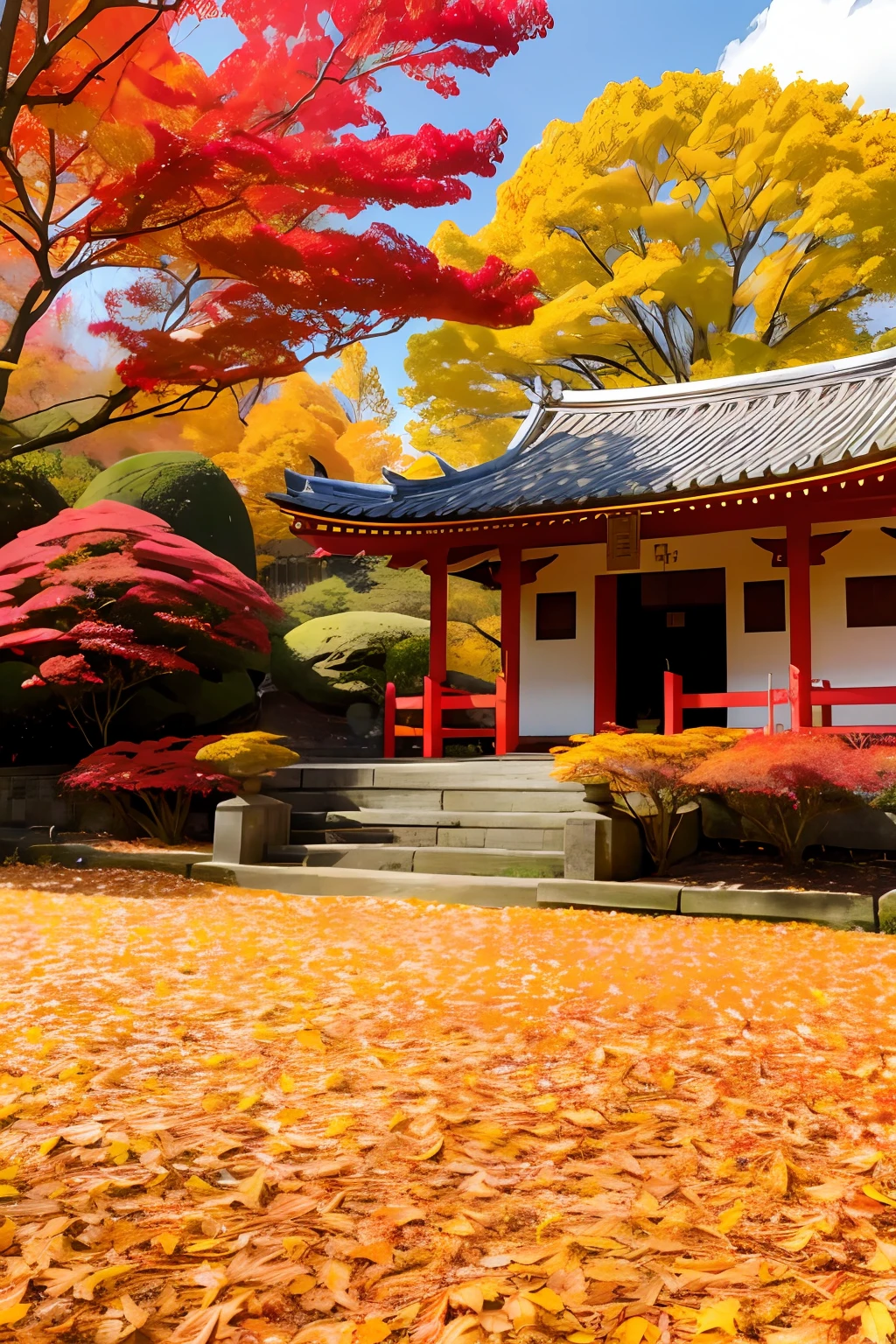 Autumn foliage,Temples,green leaves、red leaves、yellow leaves、autumnal