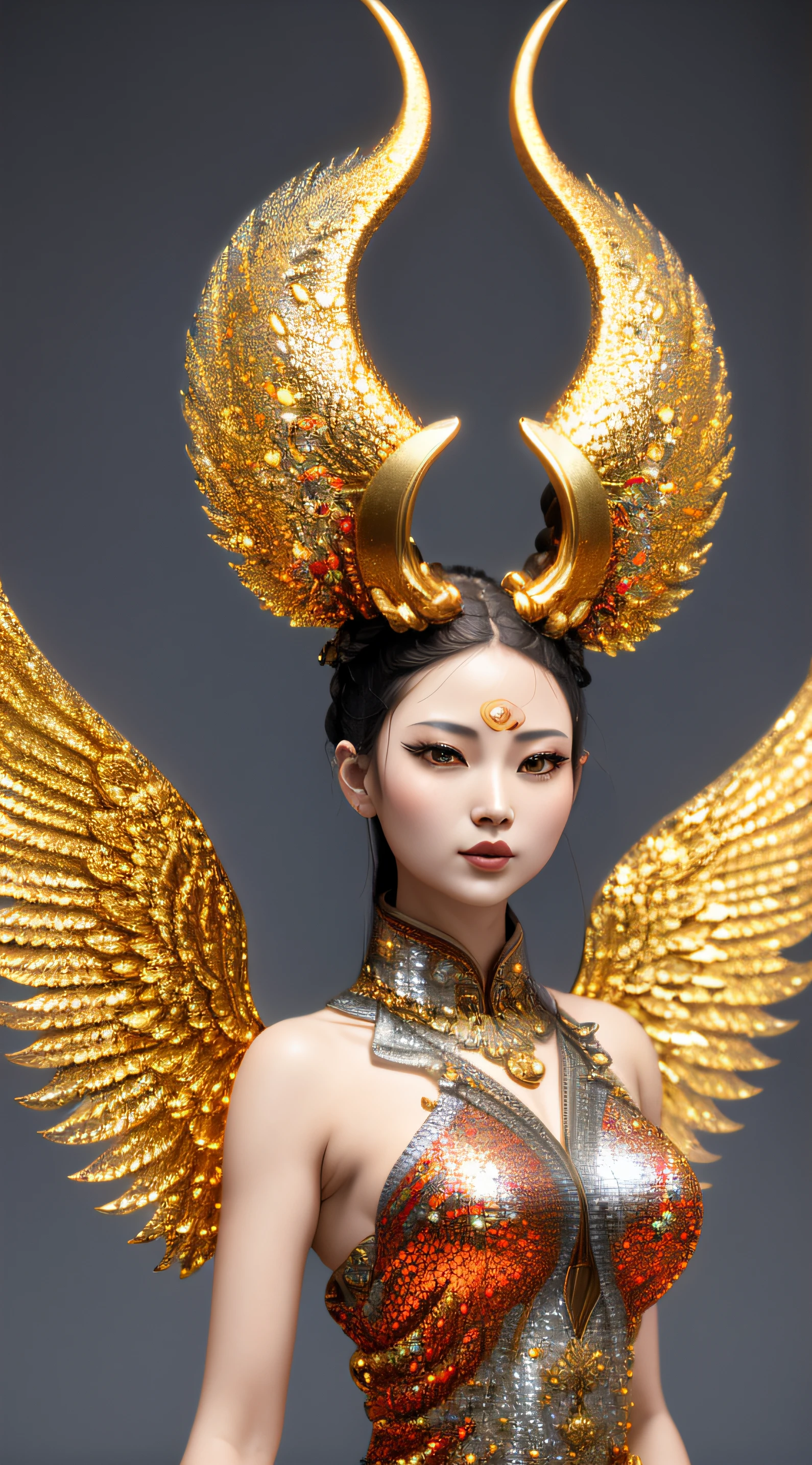 16k, RAW photo, Top quality, Masterpiece: 1.2, Realistic, Photorealistic:（barebacked）Light orange fish scale braid:,There is a woman with golden wings and a red dress, Goddess. Extremely high detail, gold wings on head, cinematic goddess close shot, chinese empress, a beautiful fantasy empress, extremely detailed goddess shot, CGsociety masterpiece, unreal engine rendered + A goddess, an ancient Chinese goddess, Trends in CG society, inspired by Wu Bin, hyper-detailed fantasy character, Inspired by Lan Ying