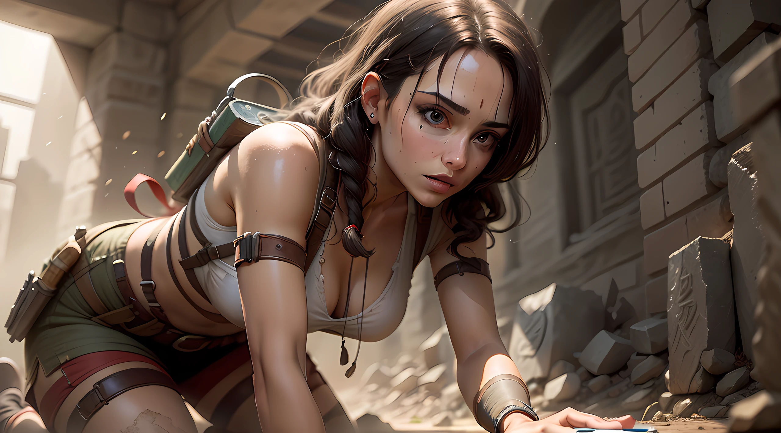 Lara Croft, dressed in an archaeologist outfit, studying an ancient tablet intently. She is kneeling on the stone floor of a crumbling temple, holding a brush delicately to sweep dust from the engraved hieroglyphs. Her eyes are focused and inquisitive, shining with scholarly curiosity. Sunbeams stream through cracks in the walls, illuminating particles of dust swirling around her. The scene conveys her dedication to uncovering knowledge from the past