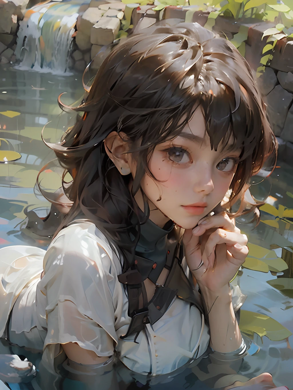 Symmetrical, High Detail RAW Color Photo Professional Close-Up Photo, [:( High Detail Face: 1.2): 0.1], (PureErosFace_V1: 0.8), Double tail, half body, pores, real skin, breast focus, straight up, an 18 year old woman under a waterfall, body in contact with water and ripples around, clear clean water, shining eyes, looking at the audience, wet clothes, transparent clothes, wet body, wet hair, Tyndall effect, lens flare, shadow,, bloom, natural lighting, hard focus, film grain, photographed with a Sony a9 II Mirrorless Camera, by Laurence Demaison