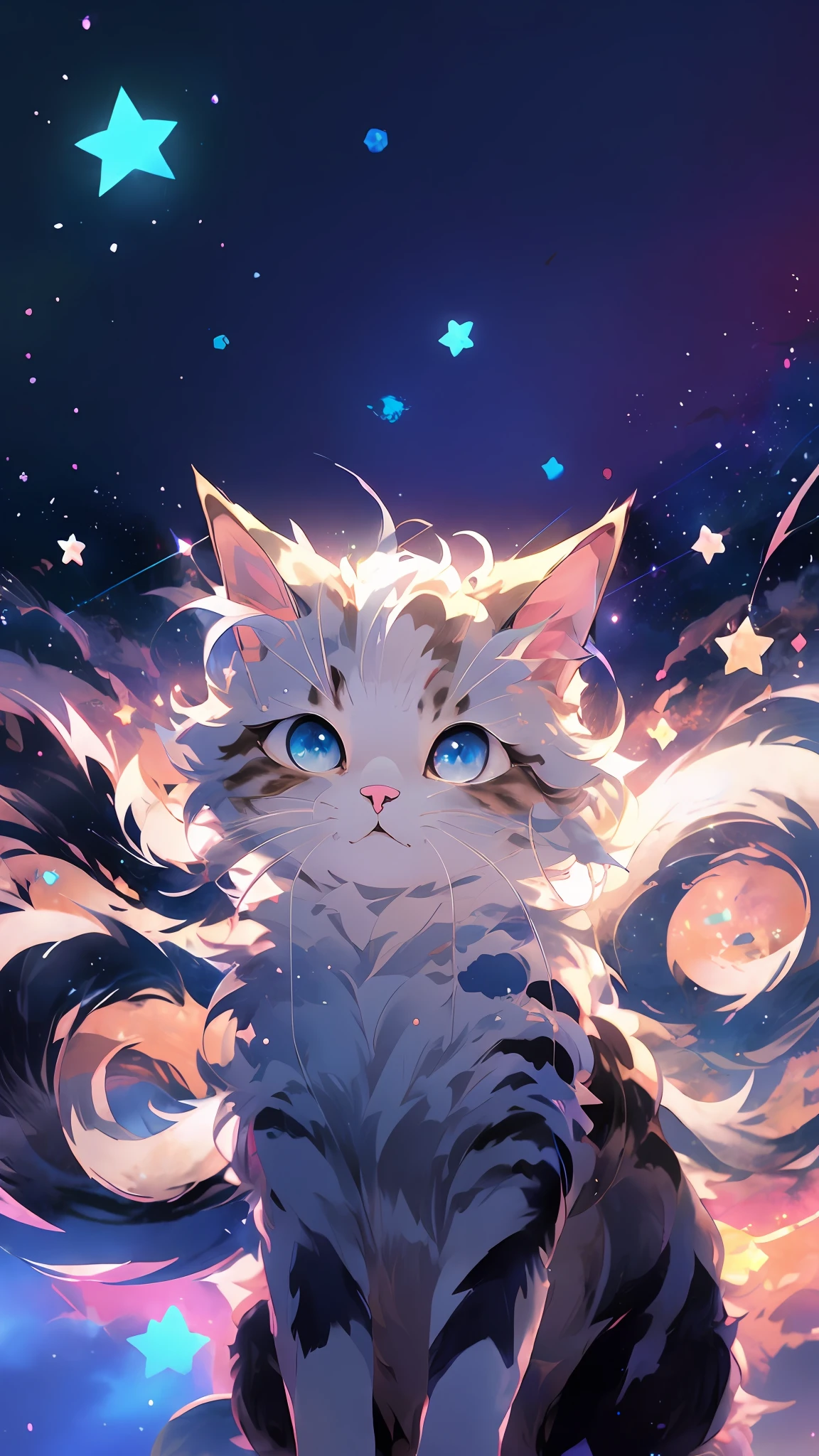 Anime cat with blue eyes and stars in background, anime cat, Anime art wallpaper 4 K, Anime art wallpaper 4k, realistic anime cat, Anime art wallpaper 8 K, anime visual of a cute cat, very very beautiful furry art, beautiful anime catgirl, Very beautiful anime cat girl, Cute detailed digital art, Anime wallpaper 4K, Anime wallpaper 4 k