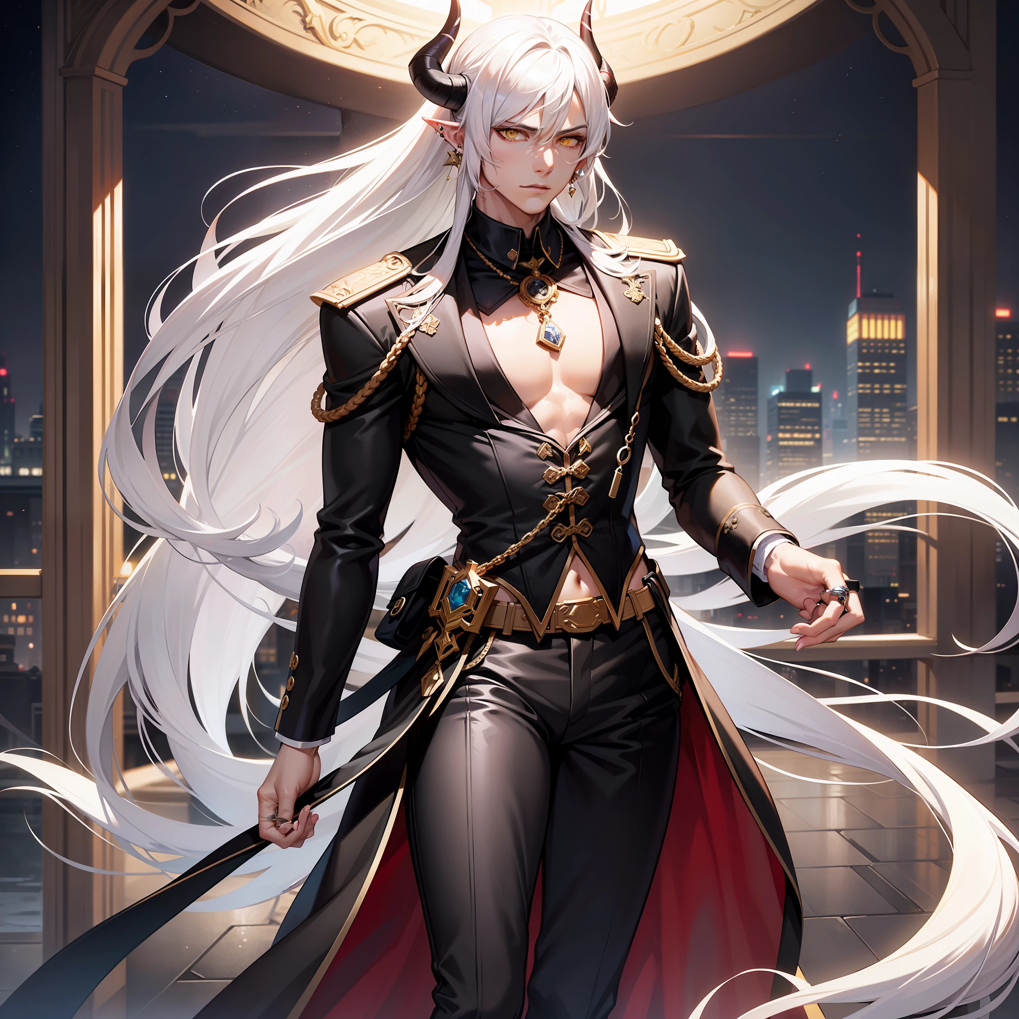 Handsome male, white hair, long hair, yellow eyes, horns, ear piercings, detailed body, detailed hands, grey button shirt, wearing chest harness, black pants, black boots, night fall, standing in palace, arrogant look, good looking, ring on finger