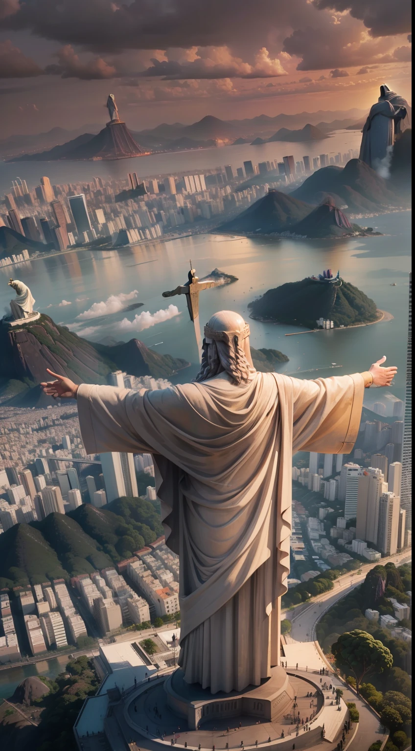 Christ the Redeemer with open arms and in the background the city of Rio de Janeiro in flames