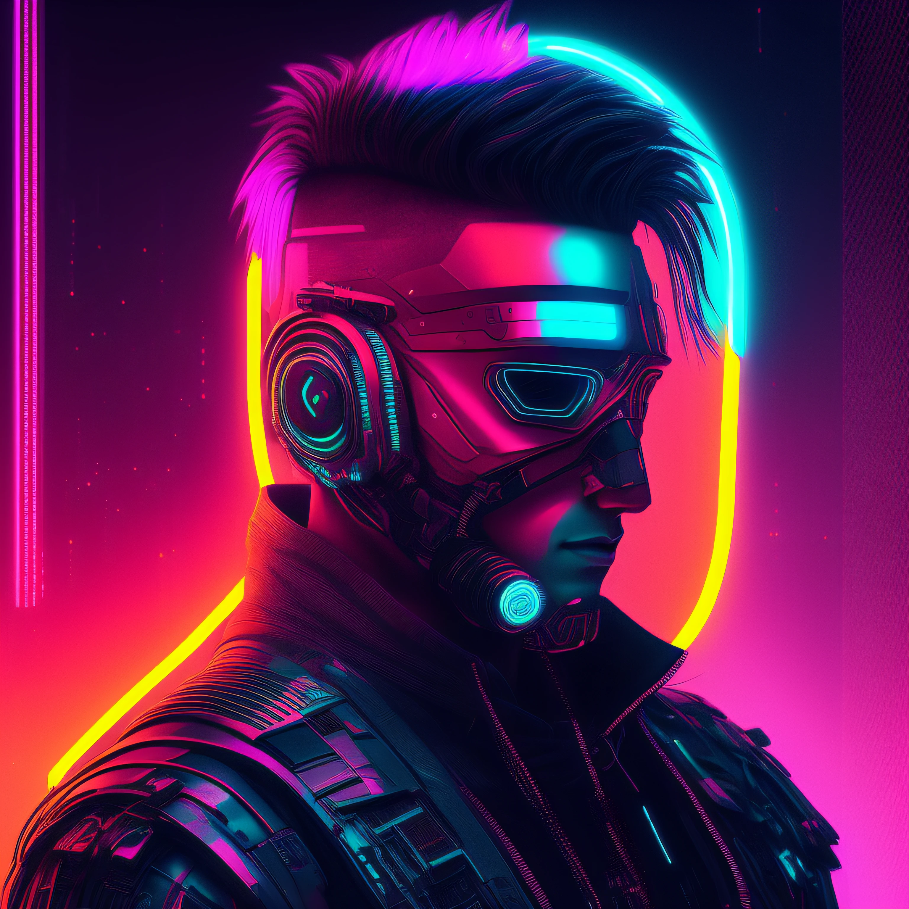 Man, cyberpunk style portrait, futuristic (neon: 1.1) reflective wear, science fiction. artgern, art, illustration, ((dark environment)), ((vegnette)), ((HDR)) ((minimal palette colors)), soft tones, soft colors, faint colors, calm, highly detailed pastel colors, intricate details