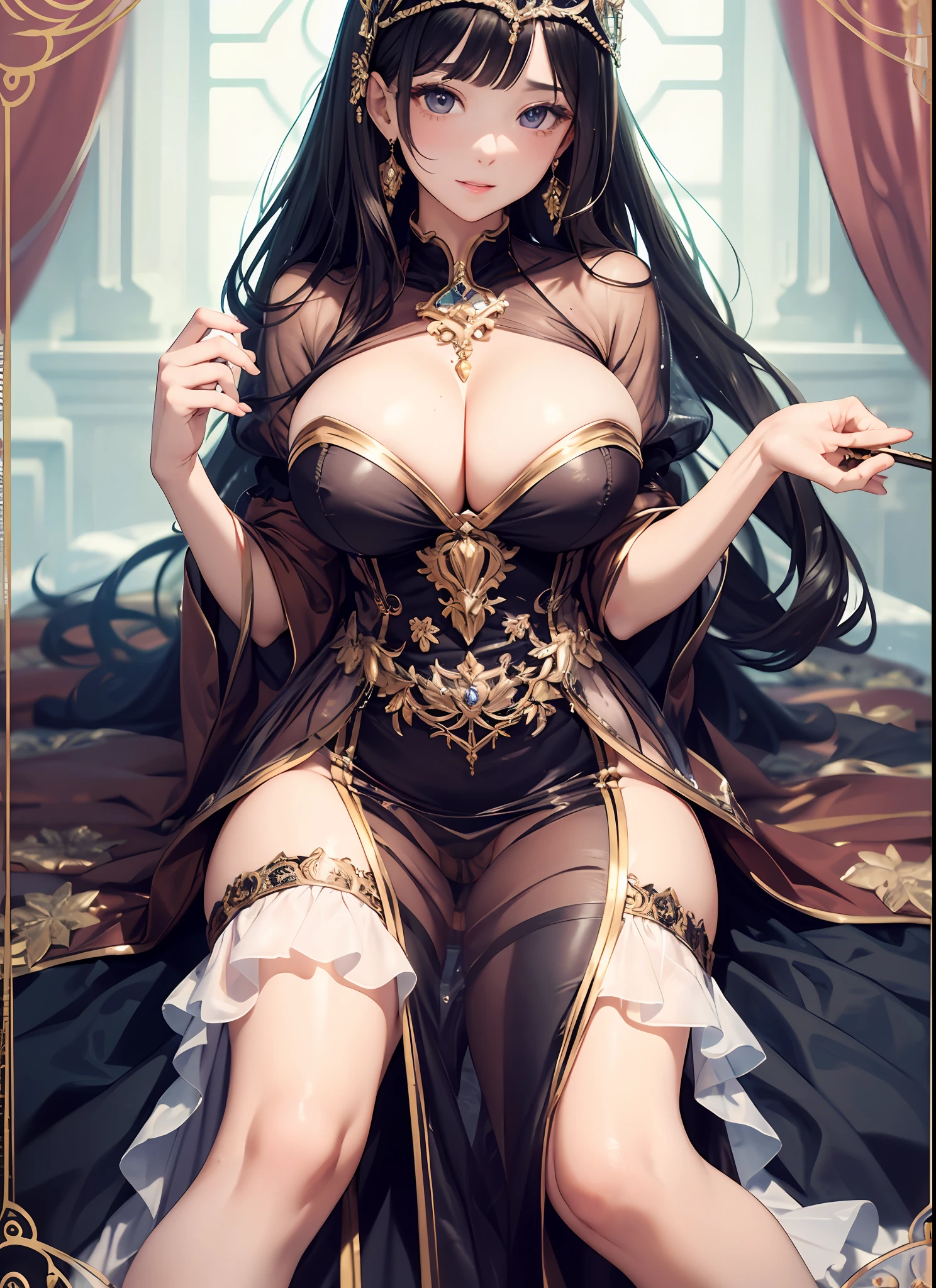 masterpiece、top-quality、((Full body drawing))、Frontal shot、Viewer's Perspective、superfine illustration、(NSFW)、sit in、Bedroom、((M-shaped legs:1.3))、(Open thighs)、Shy figure、red blush、Sexy Beauties、extremely cute and beautiful girl、very detailed beautiful face and eyes、Detailed and exquisite eye、Beautiful eyes、Beautiful hair、Lustrous black hair、Long hair that reaches to the waist、Costumes that stick to the skin、tight dresses、Long dress with waist-length slit、Purple Dress、Costumes with frills、beautiful detailed dress with many frills、(See-through long skirt:1.5)、Detailed and elaborate costumes、Solo, 1girl in、dynamic ungle、full-shot、wide Shots、(Huge ass:1.3)、(huge-breasted:1.1)、Long breasts、Bust sticking to costume、Big breasts with tension、Lustrous breasts、Heavy chest、Deep cleavage、Luxurious tiara、 Exquisite and noble wand、Majestic background、stain glass、