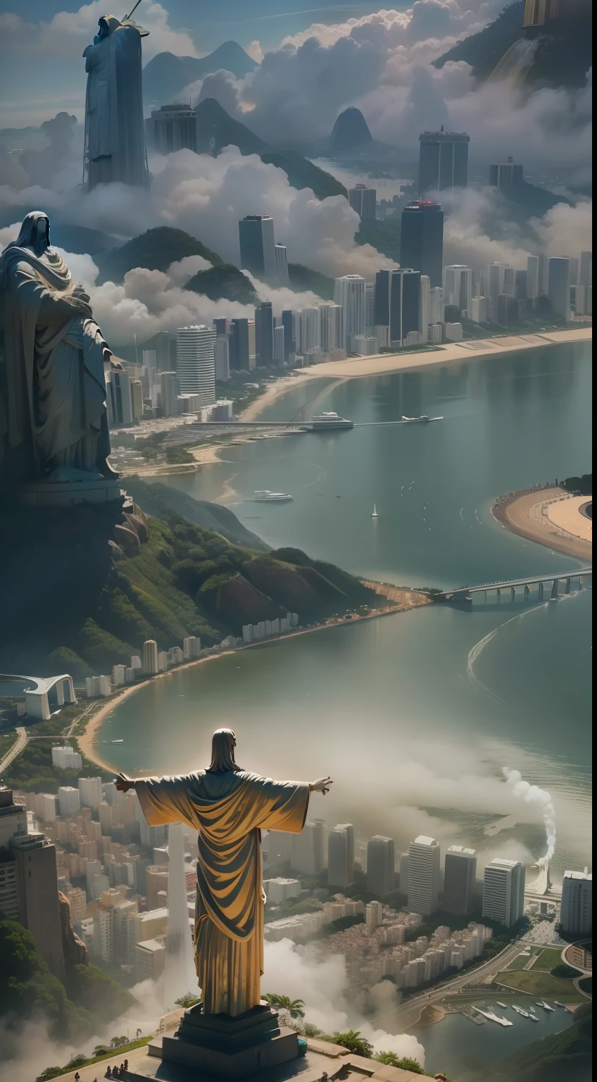 Christ the Redeemer with open arms and in the background the city of Rio de Janeiro in flames