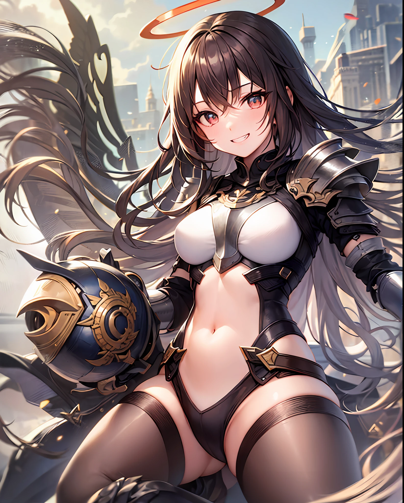 fantasy, 1angel_girl, loli,bwn_hair, medium_bob_hair, long_bangs, halo,bare_shoulder,thighhighs,silver_armor, waist_armor, large_breasts,grinning,teeth, 1pair_wings, dynamic_pose_fighting,floating, bare_crotch, headgear,gauntlet, greaves,city_sky_background,slightly_spread_legs, solo, groin_naked