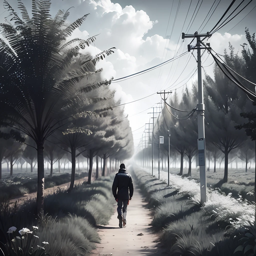 single man, black and white, walking alone in the field --auto --s2