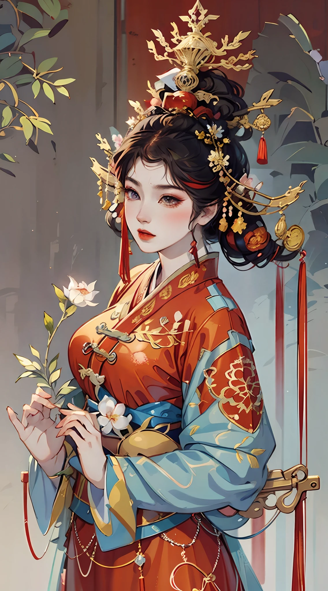 Illustration in ancient Chinese style, In the picture, An ancient woman dressed in red, The background is the lights of ten thousand homes, hair adornments, Depth of field, Cinematic lighting, god light, back lit lighting, High detail, Anime style, hyper HD, Masterpiece, A high resolution