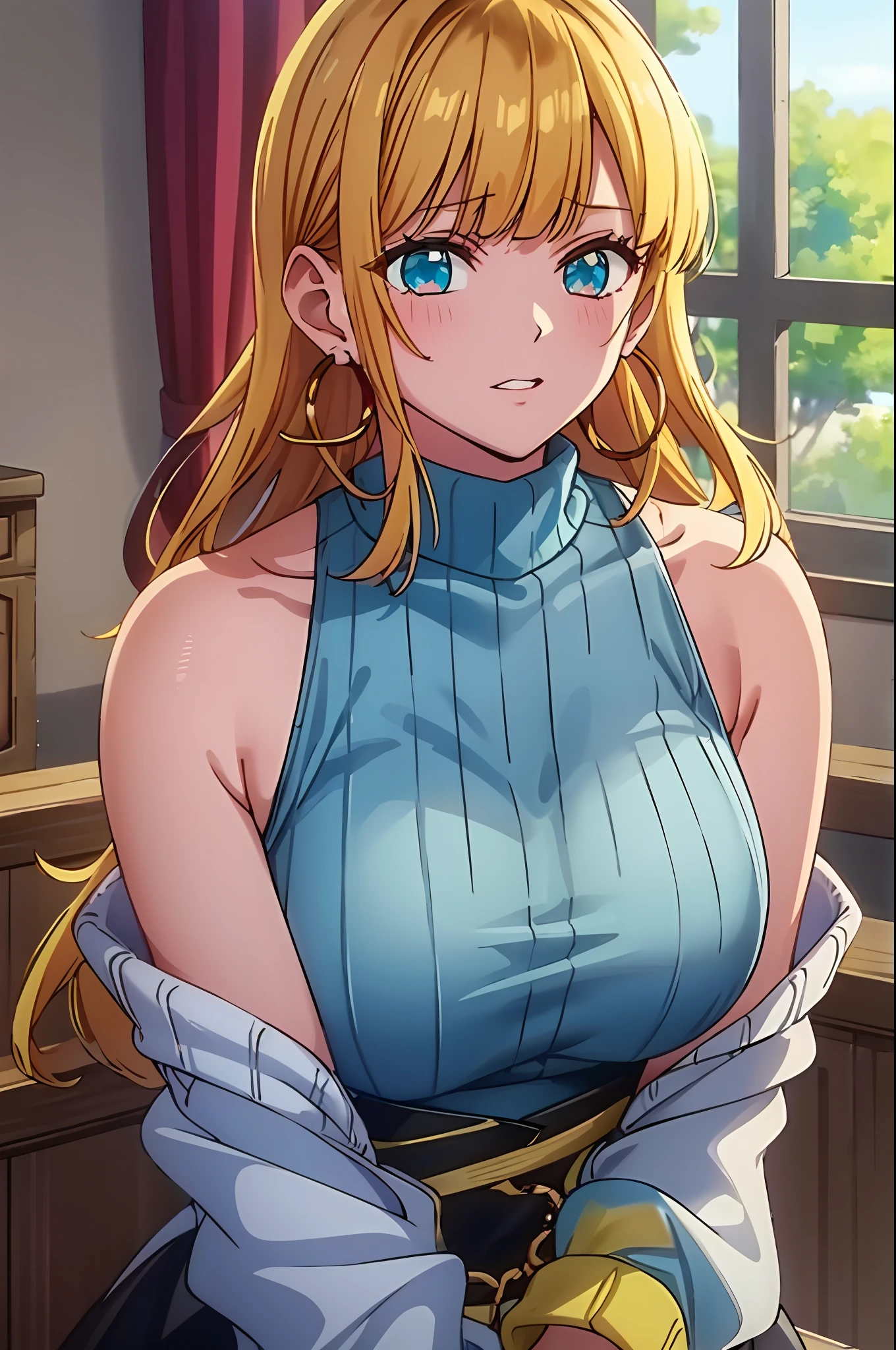 masterpiece, hightquality, Hi-Res, MEMcho, Indoors, cowboy shot, Black skirt, The shirt, off shoulders, off-the-shoulder sweater, (Light blue sweater:1.2), Blonde sleeveless shirt, High Neck Sleeveless Shirt, Black shirt, Sweaters, Sweater sleeve wrist too much, sitting on, hoop earrings,Anime
