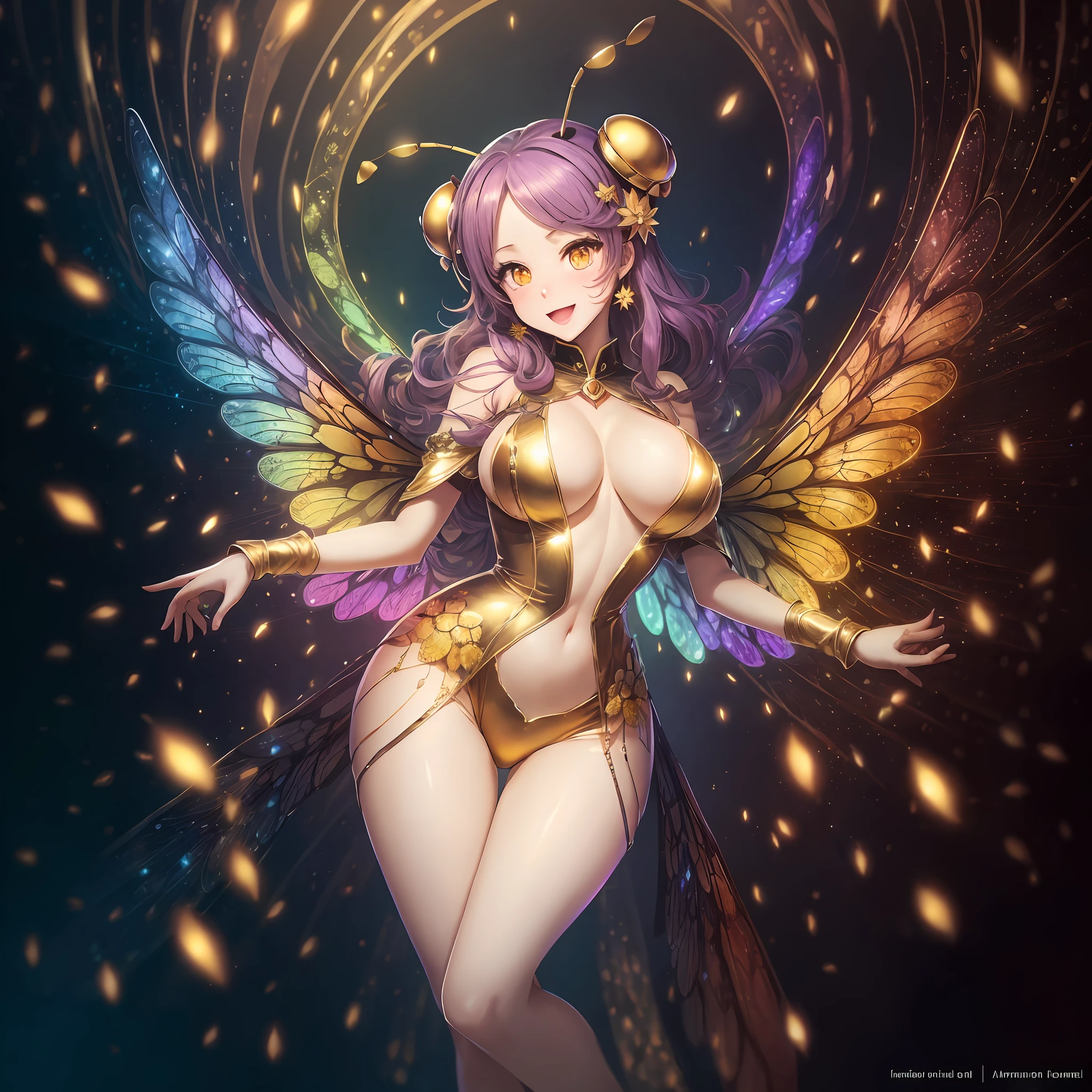 solo, super high image, super detail, high resolution, anime, manga, illustration, fantasy, super cute woman, amorous expression, Bee costume, Bee cosplay, Bee wings, Bee antennae, Gold Design Nippleless, sparkling big yellow eyes, laugh mischievously, happy, shy, huge breasts, under boob, great proportion, perfect proportion, slender, Full body, background northern renaissance style, kaleidoscope, rainbow and gold neon light many lines