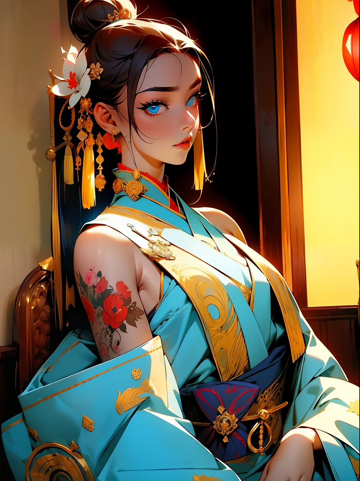 （masterpiece best quality：1.4），1girll， （Chinese text tattoo：1.5）， 独奏， hair flower， long whitr hair， eBlue eyes， looking at viewert， mediuml breasts， Tattooed with， brunette color hair， nipple tassels， exposed bare shoulders， By bangs， 耳Nipple Ring， inside in room， nape， cropped shoulders， jewely， eyeslashes， cparted lips， contours， hair-bun， nipple piercing， single hair bun，Blue and gold embroidered clothes，Japanese-style family environment