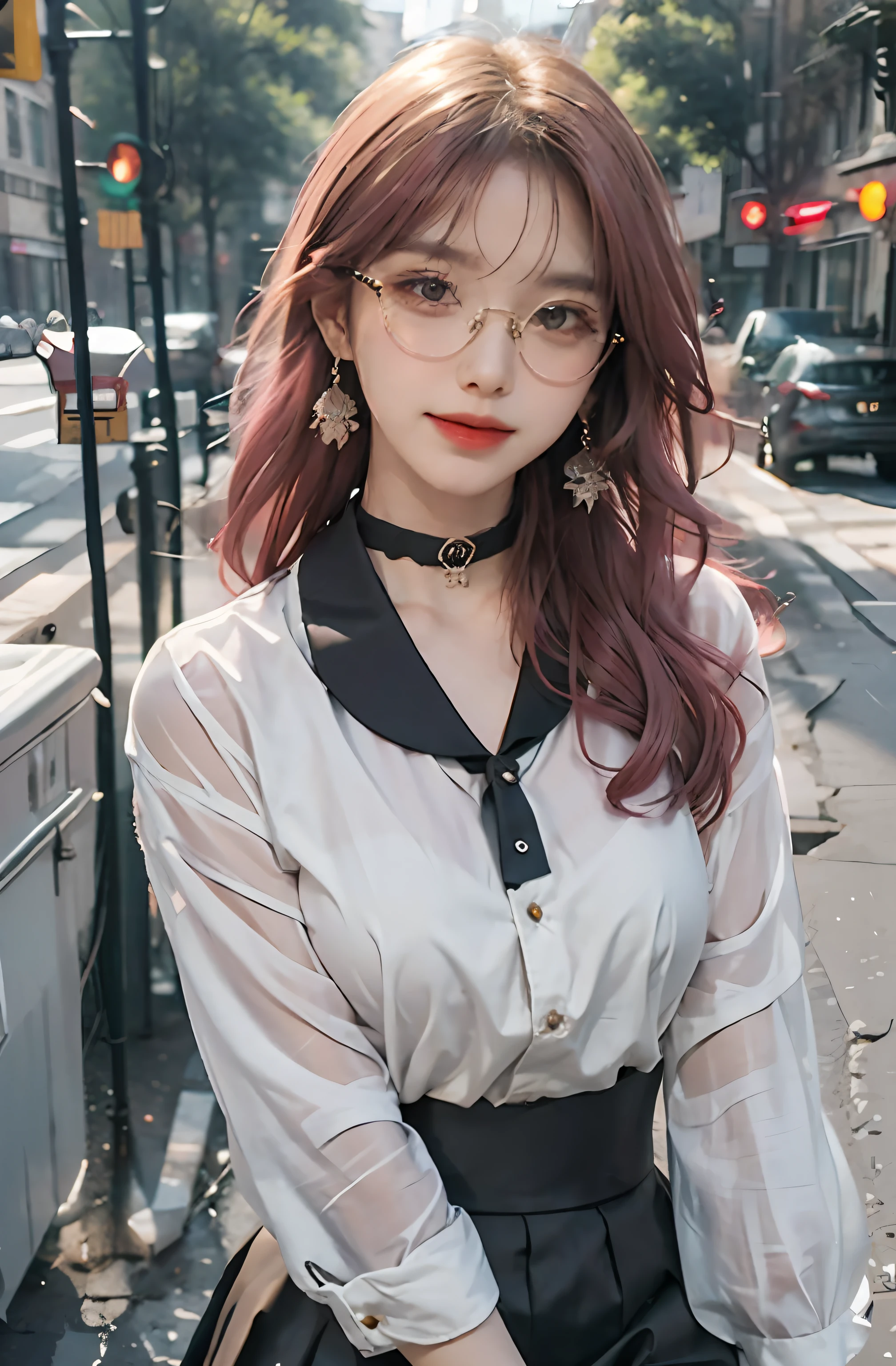 tmasterpiece，1girll，waist-up，light  smile，Glossy glossy skin，best qualtiy，tmasterpiece，（Photorealsitic：1.4），school uniform，pleatedskirt，black lence stockings，Background bokeh，（largeaperture：1.2），A pink-haired，choker necklace，Earrings Eyes that look at the lenses with glasses