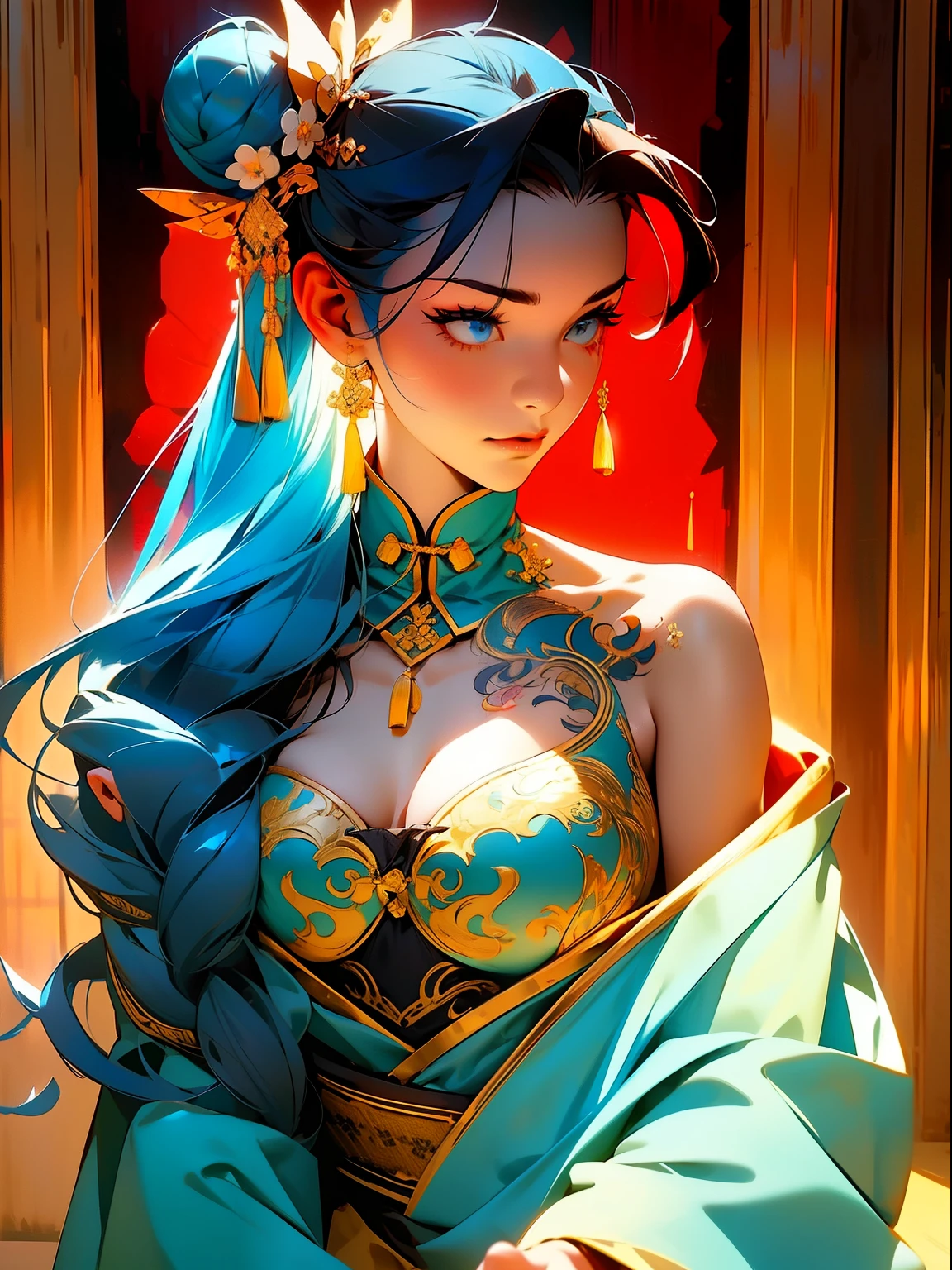 (masterpiece best quality:1.4),1girll, (Chinese text tattoo:1.5), 独奏, hair flower, long whitr hair, eBlue eyes, looking at viewert, mediuml breasts, Tattooed with, brunette color hair, nipple tassels, exposed bare shoulders, By bangs, 耳Nipple Ring, inside in room, nape, cropped shoulders, jewely, eyeslashes, cparted lips, contours, hair-bun, nipple piercing, single hair bun,Blue gold embroidered clothes,Japanese-style family environment
