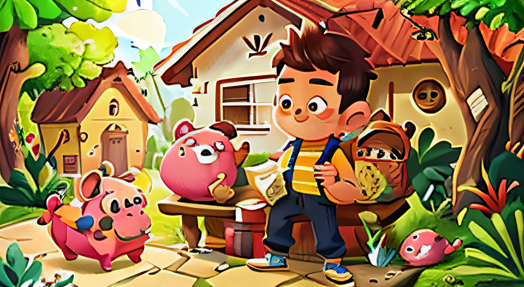 Pedro with his piggy bank in front of his house in Alegrolândia