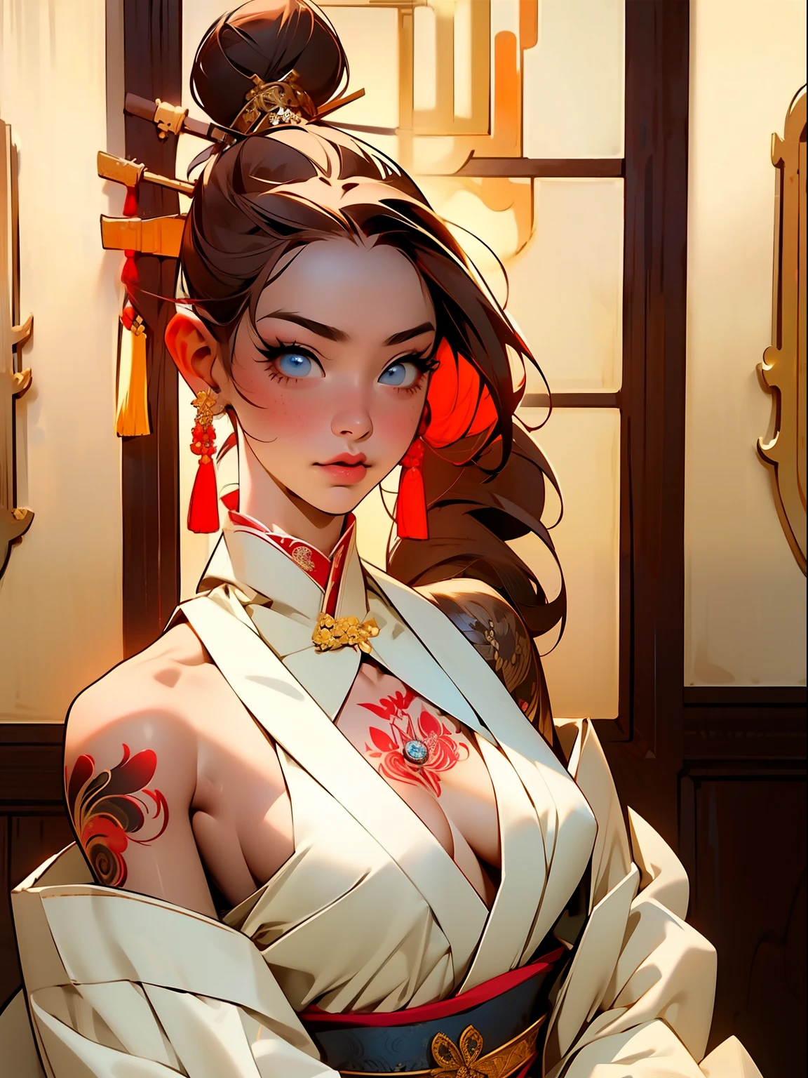 （masterpiece best quality：1.4），1girll， （Chinese text tattoo：1.5）， 独奏， hair flower， long whitr hair， eBlue eyes， looking at viewert， mediuml breasts， Tattooed with， brunette color hair， nipple tassels， exposed bare shoulders， By bangs， 耳Nipple Ring， inside in room， nape， cropped shoulders， jewely， eyeslashes， cparted lips， contours， hair-bun， nipple piercing， single hair bun，Japanese-style family environment