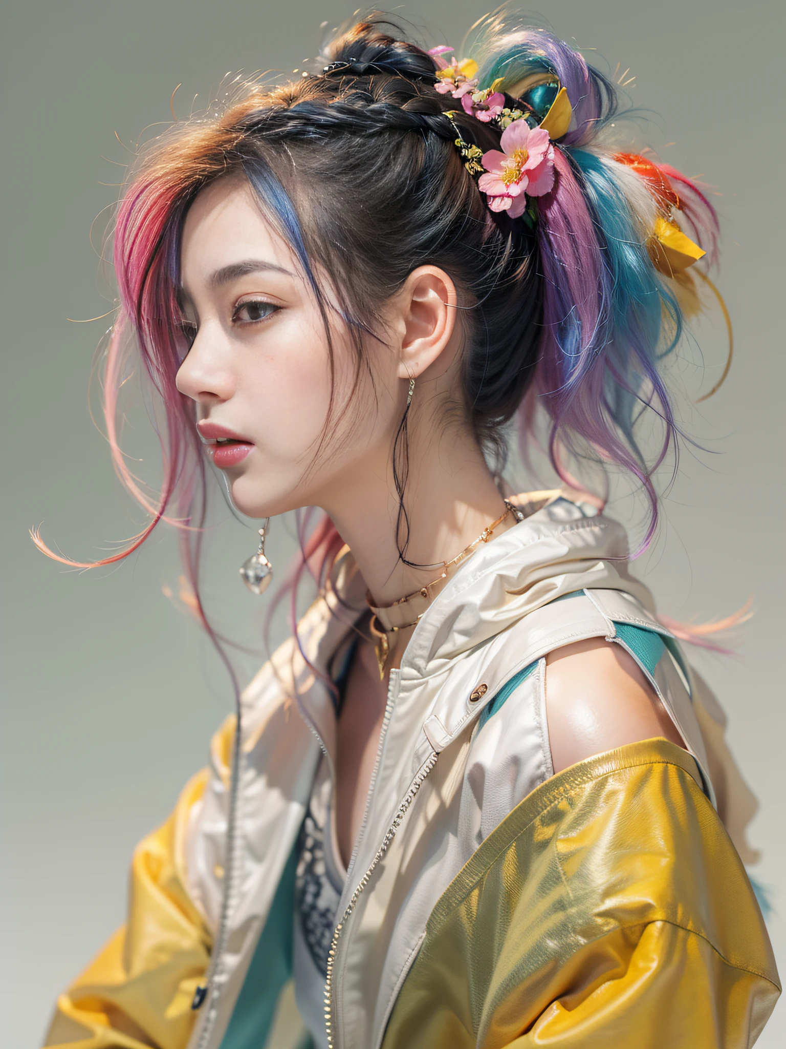 exquisite facial features,long eyelasher,choker necklace,Leg warming socks,Arm out,ink and watercolor painting,Works of masters,Best image quality,Higher quality,high detal,(超高分辨率),8K分辨率,Realistic portraits,serious,braidedbangs,Rainbow hair,shinny hair,glowing hairs,s the perfect face,Glowing skin,dancer,Sparkling pupils,Clear jacket,hot pant,Bare shoulders,sitting sideways,浴室,dingdall effect,Cinematic lighting,Contour light,Flowers method