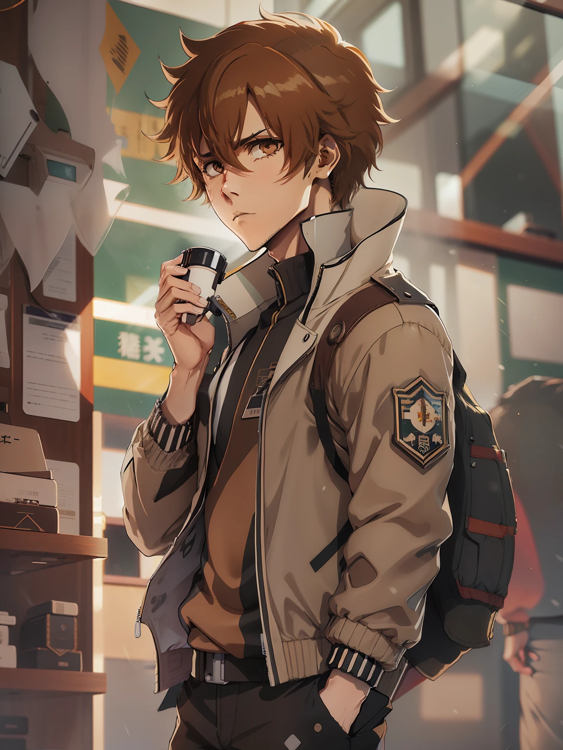 animesque。male portrait。独奏。Social Games。Beautiful Youth。Brown Shorthair。thief。Brown flight jacket。pixiv Art Station。Delicate boy。male people。tall。pixiv fanbox。