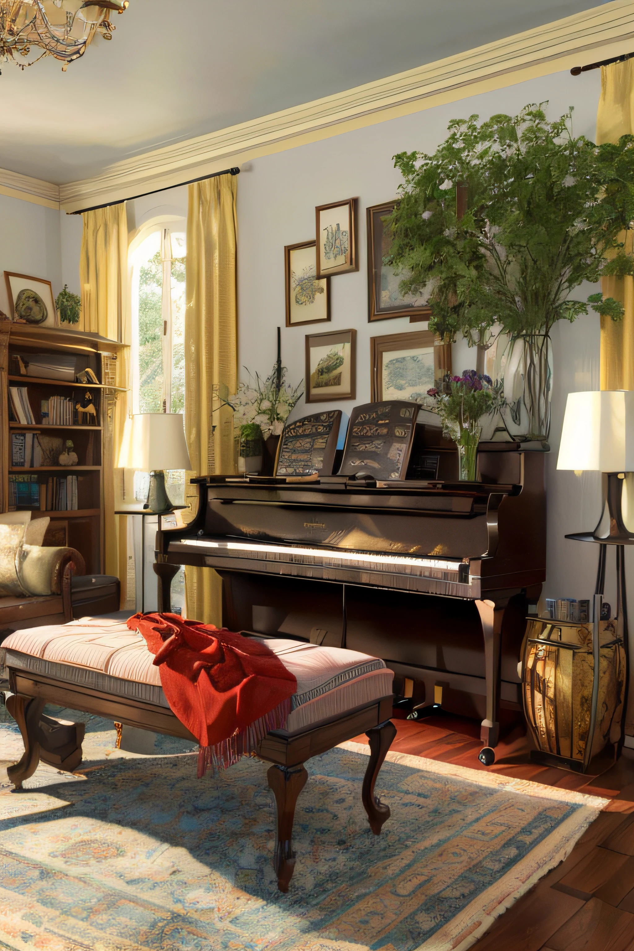 There's a 65-year-old man playing on a piano, que tem um a garrafa e um copo de vinho tinto, na sala de estar de uma casa, quarto fotorrealista, ambiente altamente detalhado, 3d render highly detailed, 3d render highly detailed, interior altamente detalhado, highly detailed render, fotorrealista altamente detalhado, cena altamente detalhada, Sala de estar, Motor irreal ; romantic theme, Pianos, a photorealistic rendering, sala de estar quente, classical style, plano