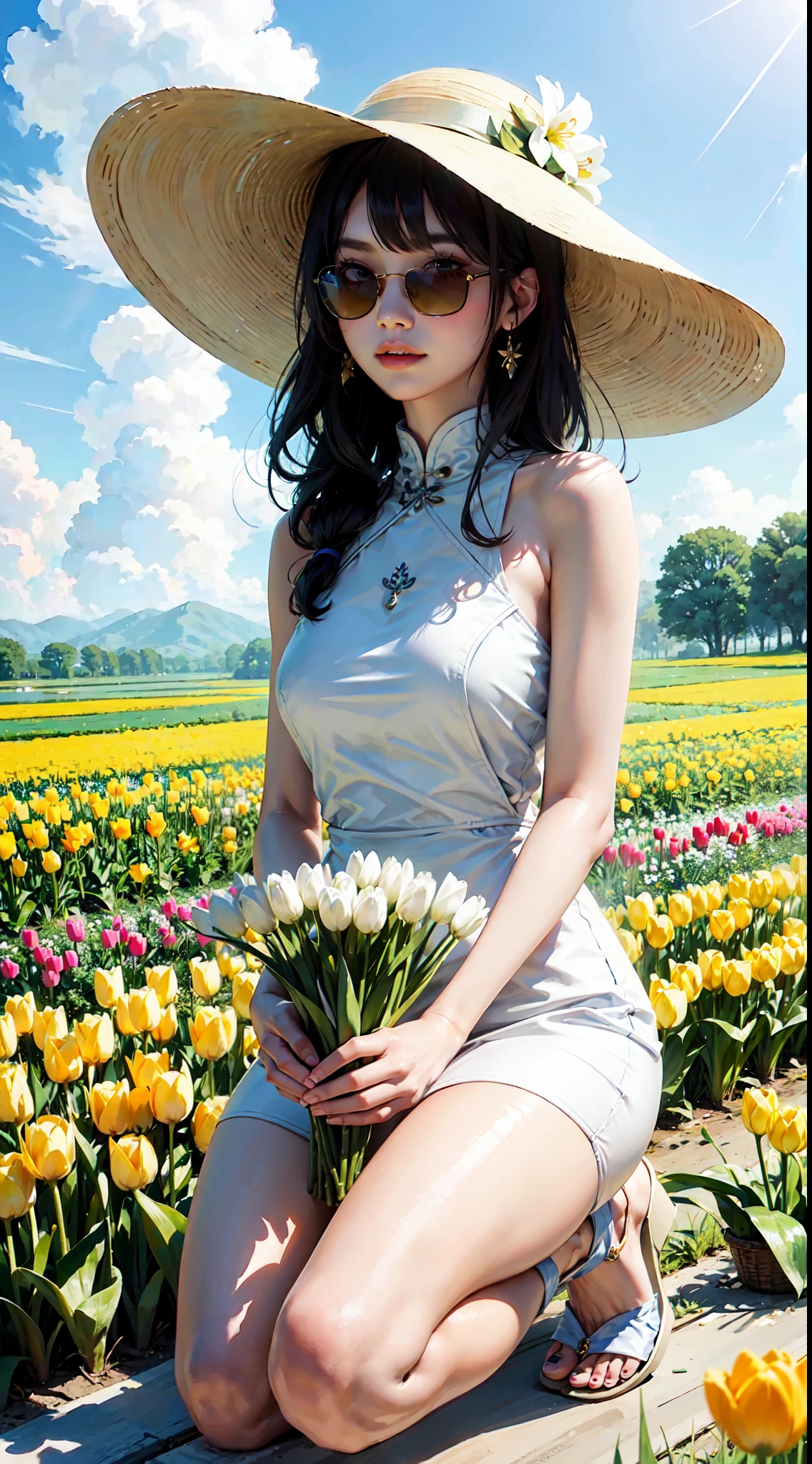 cute very pale chinese 28 year old woman standing in sea of tulips wearing a white halter dress, wearing heeled sandals, subtle smile, tall and slim, long wavy hair, wearing sunglasses, wearing a wide beige sun hat, kneeling, standing in flower field, holding tulips and smelling them, dreamy expression, flower sea