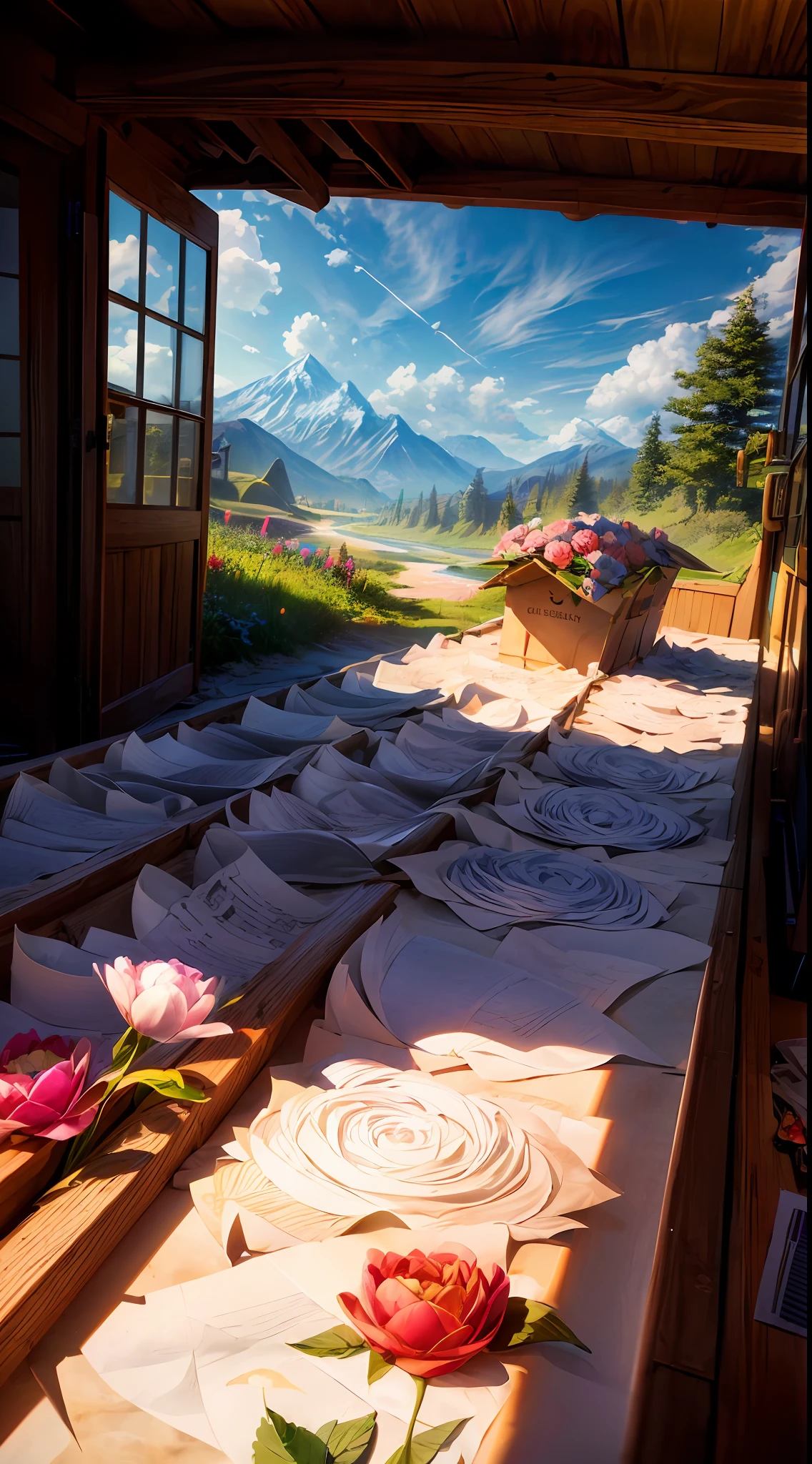 (sandbox:1.4),Movie Angle,(Sun, White clouds, Mountains, ln the forest, rivers),(paper art,Quilted paper art,geomerty),(Extremely colorful, Best quality, Detailed details, Masterpiece, offcial art, movie light effect, 4K, Chiaroscuro),Rose rose,peach blossom,Peonies,Tulip Tuli,