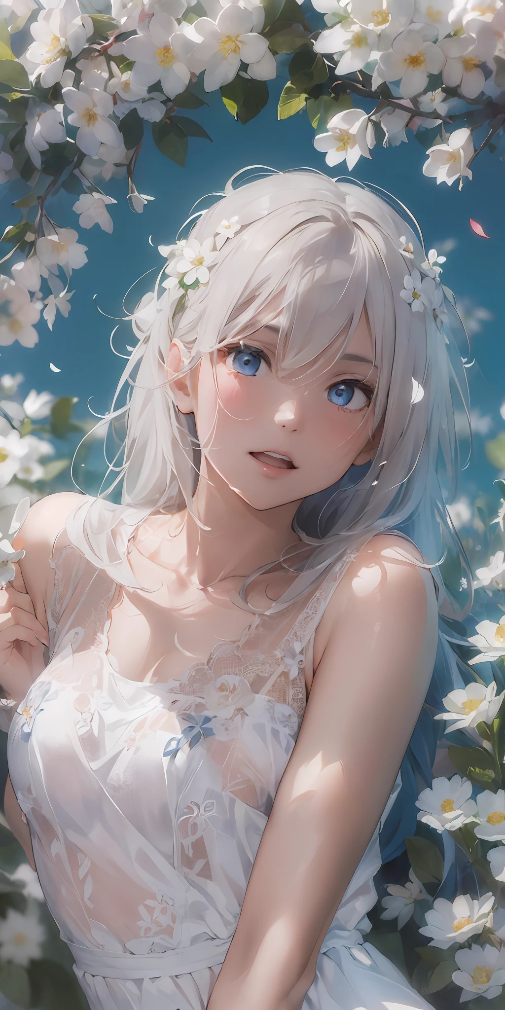 (masterpiece, best quality:1.6), white lace dress, cowboy shot, thighs, beautiful girl, (flowers, many small white petals:1.3), garden, blue sky, looking at viewer, small waist, official art, raw photo, incredibly absurdres, facelight, dynamic lighting, cinematic lighting, ultra realistic, highres, photography, sharp focus, highest detailed, extreme detailed, ultra detailed, finely detail, extremely detailed eyes and face