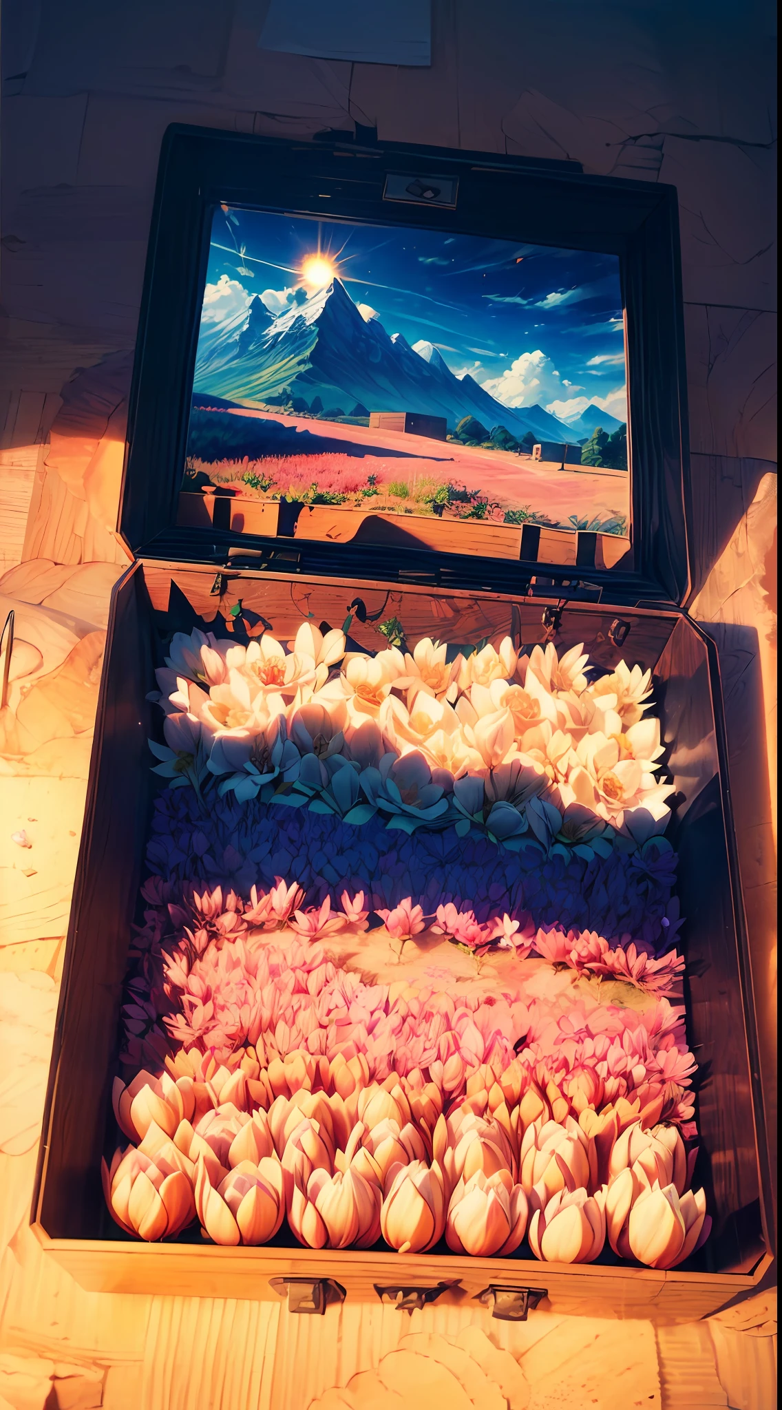 (sandbox:1.4),Movie Angle,(Sun, White clouds, Mountains, ln the forest, rivers),(paper art,Quilted paper art,geomerty),(Extremely colorful, Best quality, Detailed details, Masterpiece, offcial art, movie light effect, 4K, Chiaroscuro)，Rose rose，peach blossom，Peonies，Tulip Tuli，