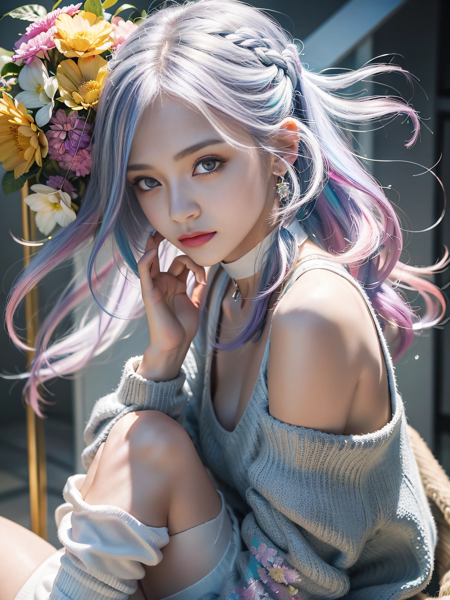 Exquisite facial features，long eyelasher，choker necklace，Leg warming socks，Arm out，ink and watercolor painting，Works of masters，Best image quality，Higher quality，high detal，(超高分辨率)，8K分辨率，Realistic portraits，Serious，braidedbangs，Rainbow hair，shinny hair，glowing hairs，s the perfect face，Glowing skin，Dancer，Sparkling pupils，Clear jacket，hot pant，Bare shoulders，sitting  sideways，浴室，Dingdall effect，Cinematic lighting，Contour light，Flowers method