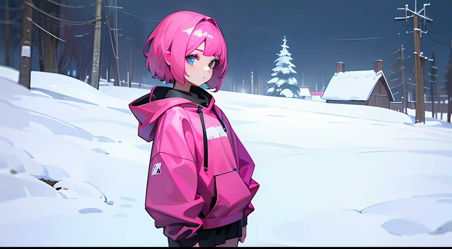 2K resolution,one-girl,pink short hair,Solitude,largeeyes,Snow background,Q version,solo person,Sweatshirt
