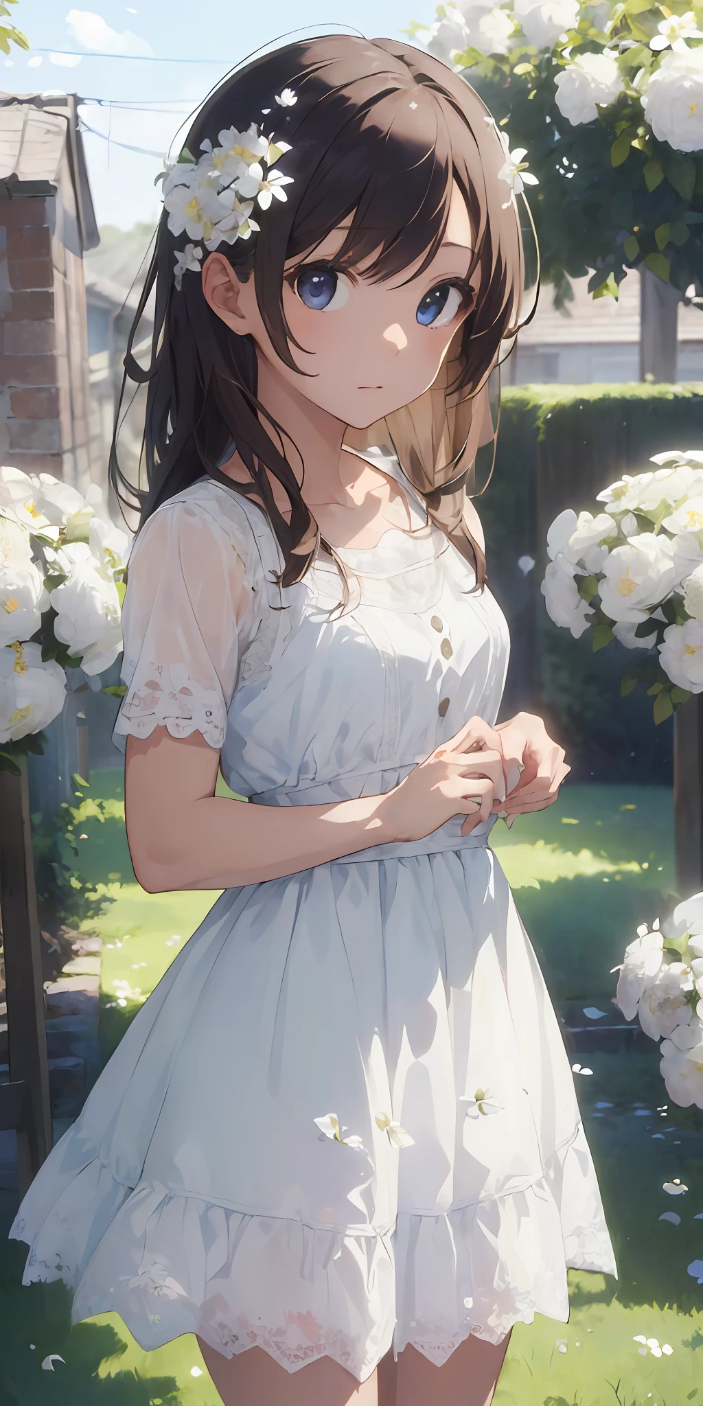 (masterpiece, best quality:1.6), white lace dress, cowboy shot, thighs, beautiful girl, (flowers, many small white petals:1.3), garden, blue sky, looking at viewer, small waist, official art, raw photo, incredibly absurdres, facelight, dynamic lighting, cinematic lighting, ultra realistic, highres, photography, sharp focus, highest detailed, extreme detailed, ultra detailed, finely detail, extremely detailed eyes and face