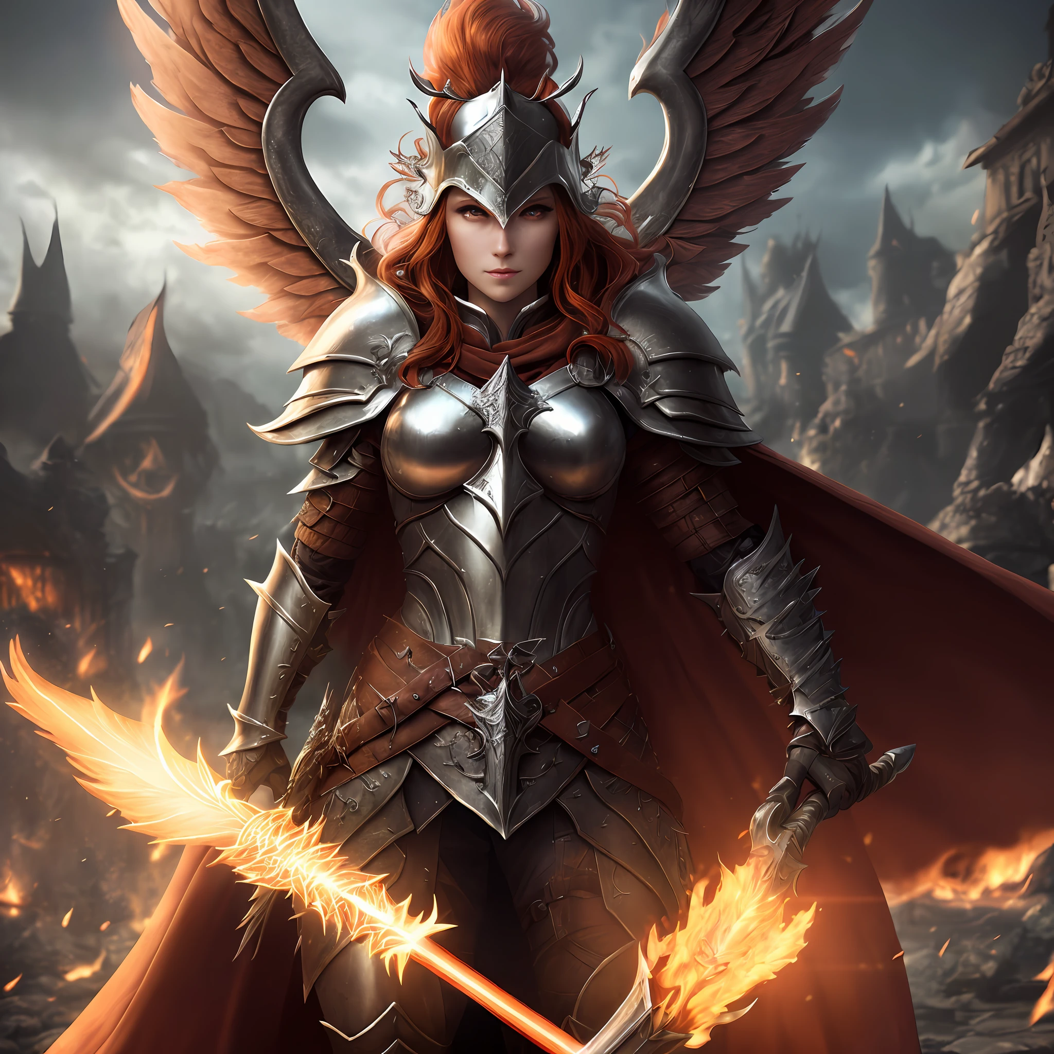 (very detailed 8k wallpaper), (soulsborne), game art, norse mythology, a female warrior floating in the air (big wings), (helmet covering face), pretty face, long red hair (detailed skin texture : 1.2), messy hair, huge red cape, full body, background is Valhalla, masterpiece, best quality, (best illustration), (best shadows), cinematic particles, depth of field, dungeons and dragons, fire genasi, Valkyrie, wings, plate armor, spear, spiked shield