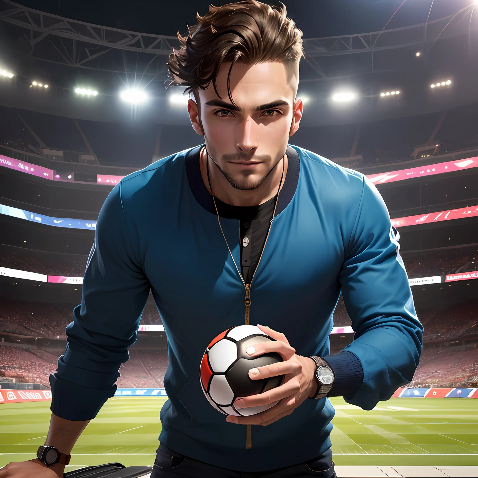 Homem com 34 anos, cabelo no estilo moicano e barba por fazer, holding a poké ball in a Pokémon stadium in a winning position