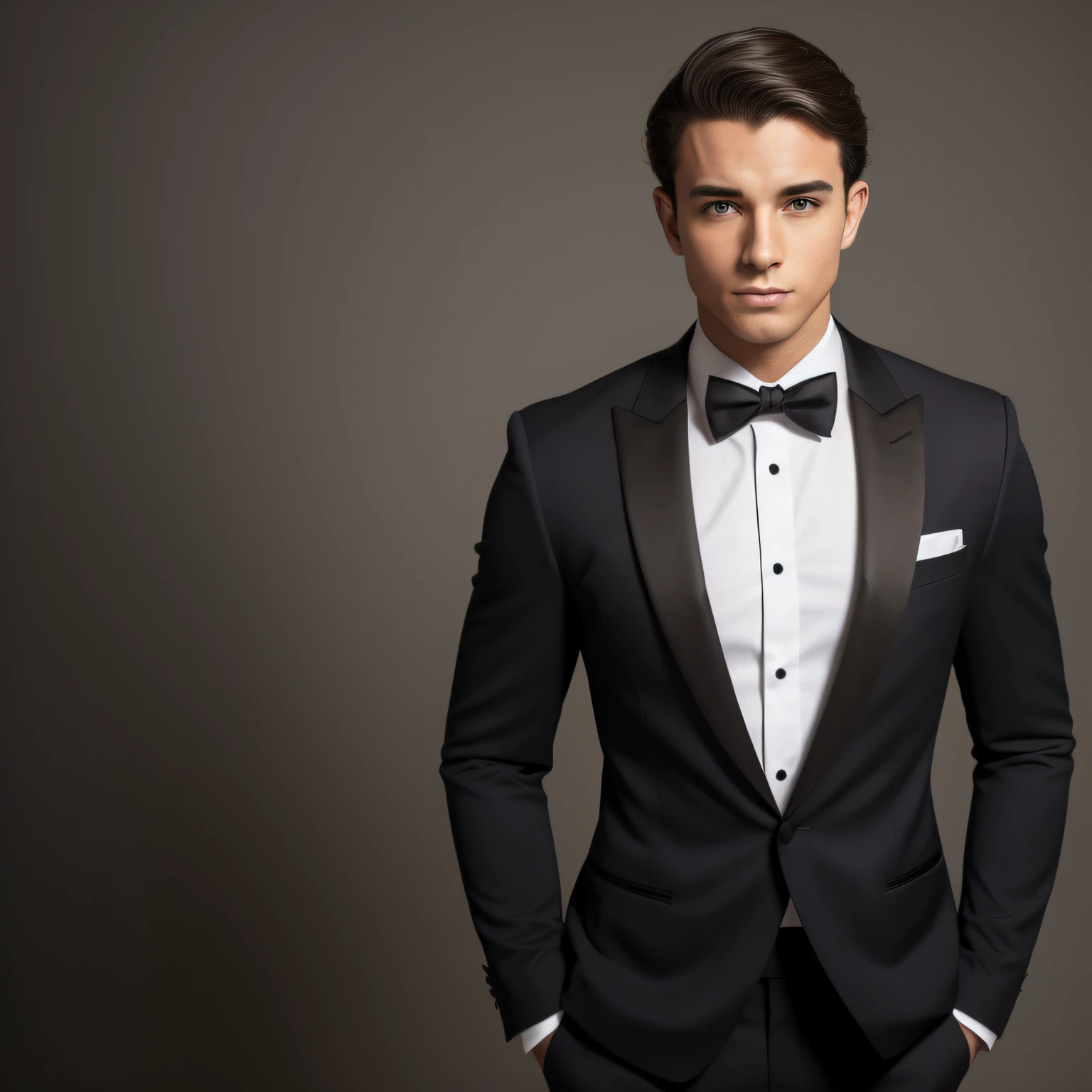 There's a young man in a tuxedo and bow tie , pele branca, corpo inteiro, catalog photo, Foto de perfil do headshot, corpo inteiro, homem sem musculos, Man standing full body, sapatos pretos, parede de fundo branca, fundo branco