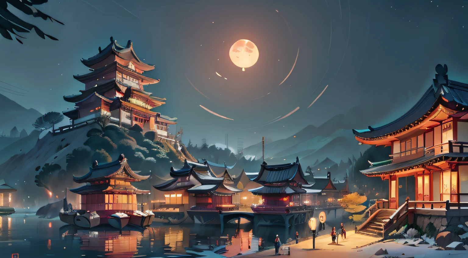 asian architecture in a city at night with a boat passing by, dreamy chinese town, ancient chinese architecture, japanese city, colorful kitsune city, digital painting of a pagoda, japanese city at night, cyberpunk chinese ancient castle, beautiful render of tang dynasty, japanese town, kyoto inspired, chinese architecture, amazing wallpaper, pagodas on hills