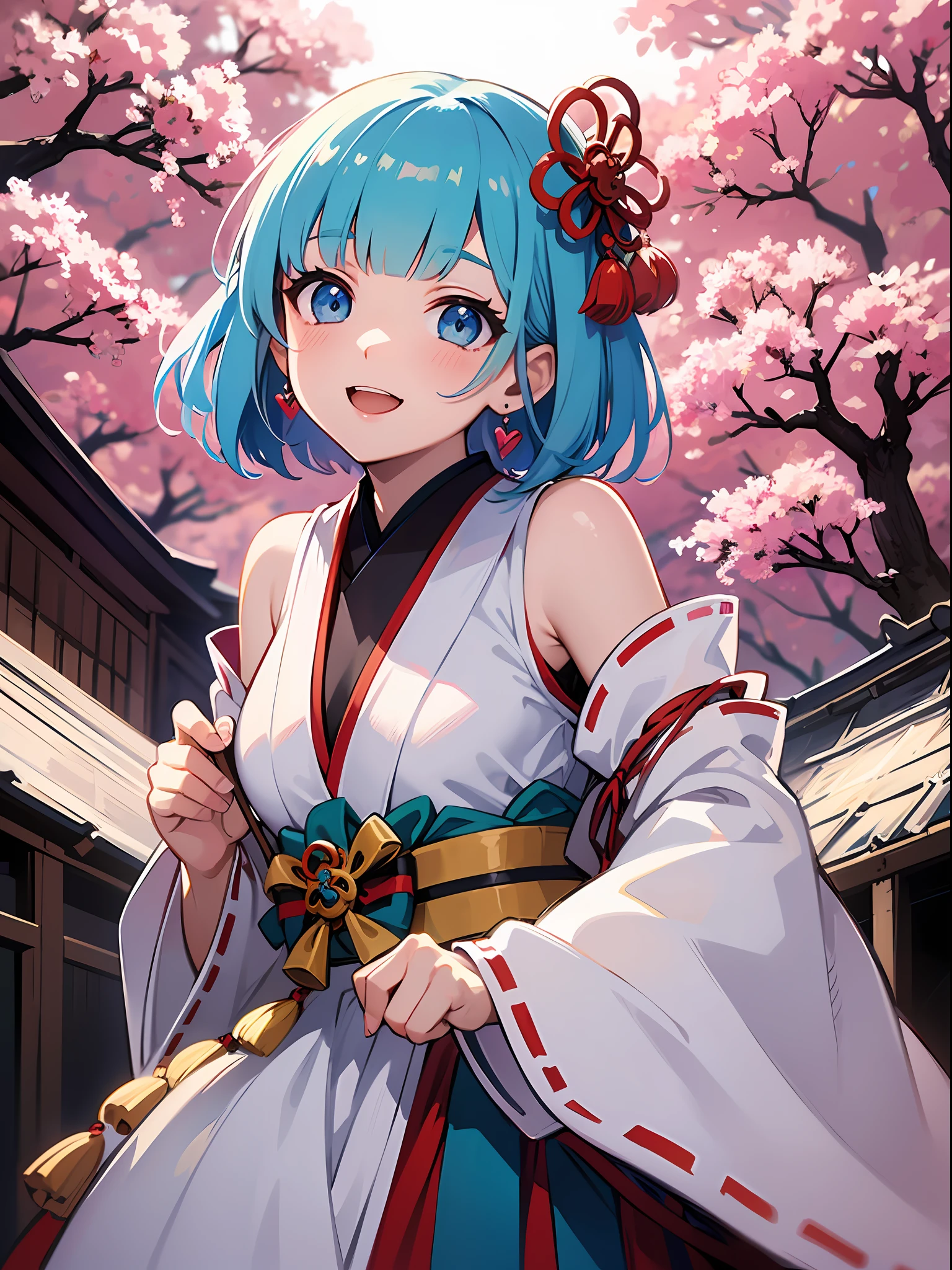 (masterpiece:1.3), (best quality:1.3), high resolution, 


dutch angle, couboy shot, 
leaning forward, breast squeeze, body facing forward, 

(one cute girl:1.3), solo, 
white skin, small Breast, eight-headed person, 
light blue hair, (bobbed hair:1.2), (short hair:1.2), (blunt bangs:1.2), beautiful hair, blue eyes, beautiful detailed eyes, 

blush, heart, cheerful smile, 

shrine maiden, white and red shrine maiden, detached sleeves, earrings, 

outdoors, shinto shrine, cherry tree, 

shadowlighting,