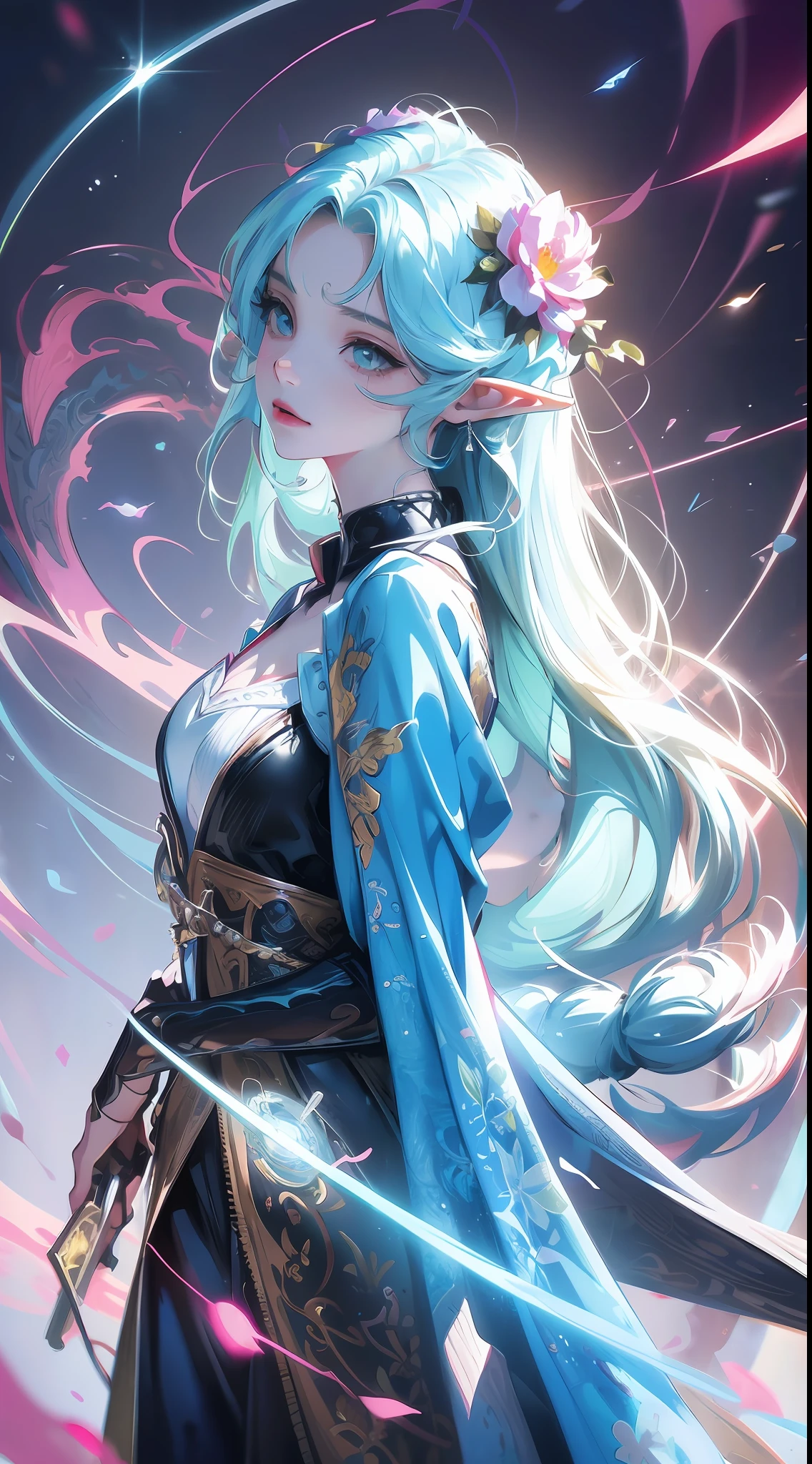 There is a digital painting,A girl with flowers in her hair, Deviantart ArtStation CGSCOSIETY, digital fantasy art ), Fantasy art Behance, hyperrealistic fantasy art, Beautiful digital artwork, Elf Girl, Realistic fantasy illustration, detailed fantasy digital art, flod, digital fantasy art, Beautiful digital illustration, Realistic fantasy artwork, stunning digital illustration
