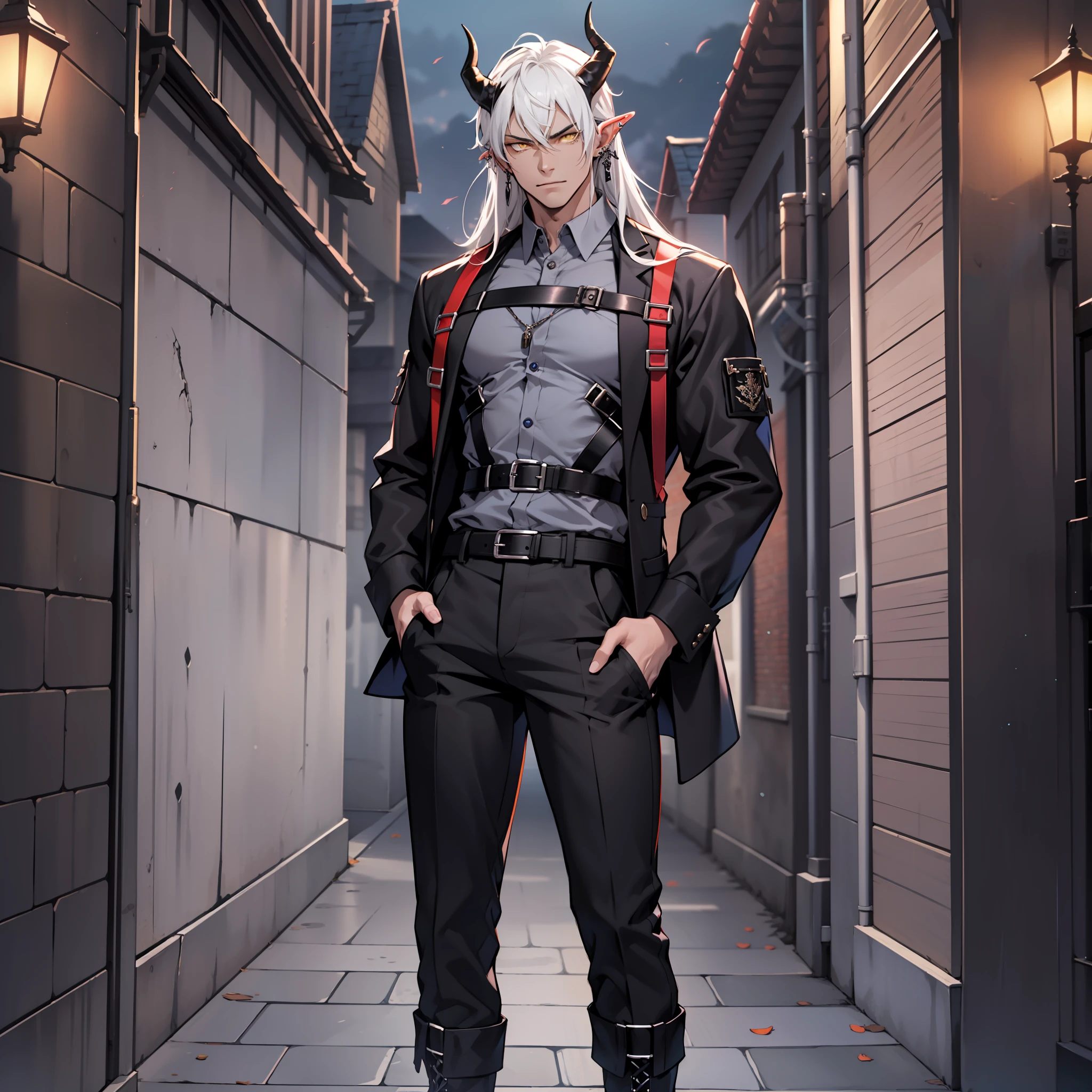 Handsome male, white hair, long hair, yellow eyes, horns, ear piercings, detailed body, detailed hands, grey button shirt, wearing chest harness, black pants, black boots, night fall, standing in palace, arrogant look, good looking, ring on finger