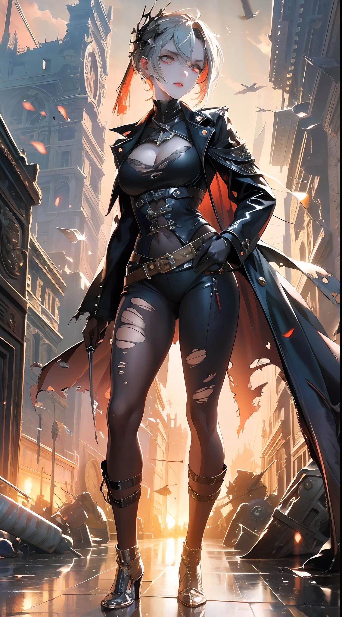 Gray sky, best quality, rich colors, battlefield, city ruins in the distance, dilapidated buildings, 1 woman, (anatomically correct), ((hands behind back))), short hair, (((torn clothes))), ((red glowing eyes))), broken headdress, extremely detailed face, smile, looking up at the camera, (full body), HDR, dramatic, cinematic lighting, (realism: 1.4), absurdity, surrealism, steampunk, intricate design, exquisite details,