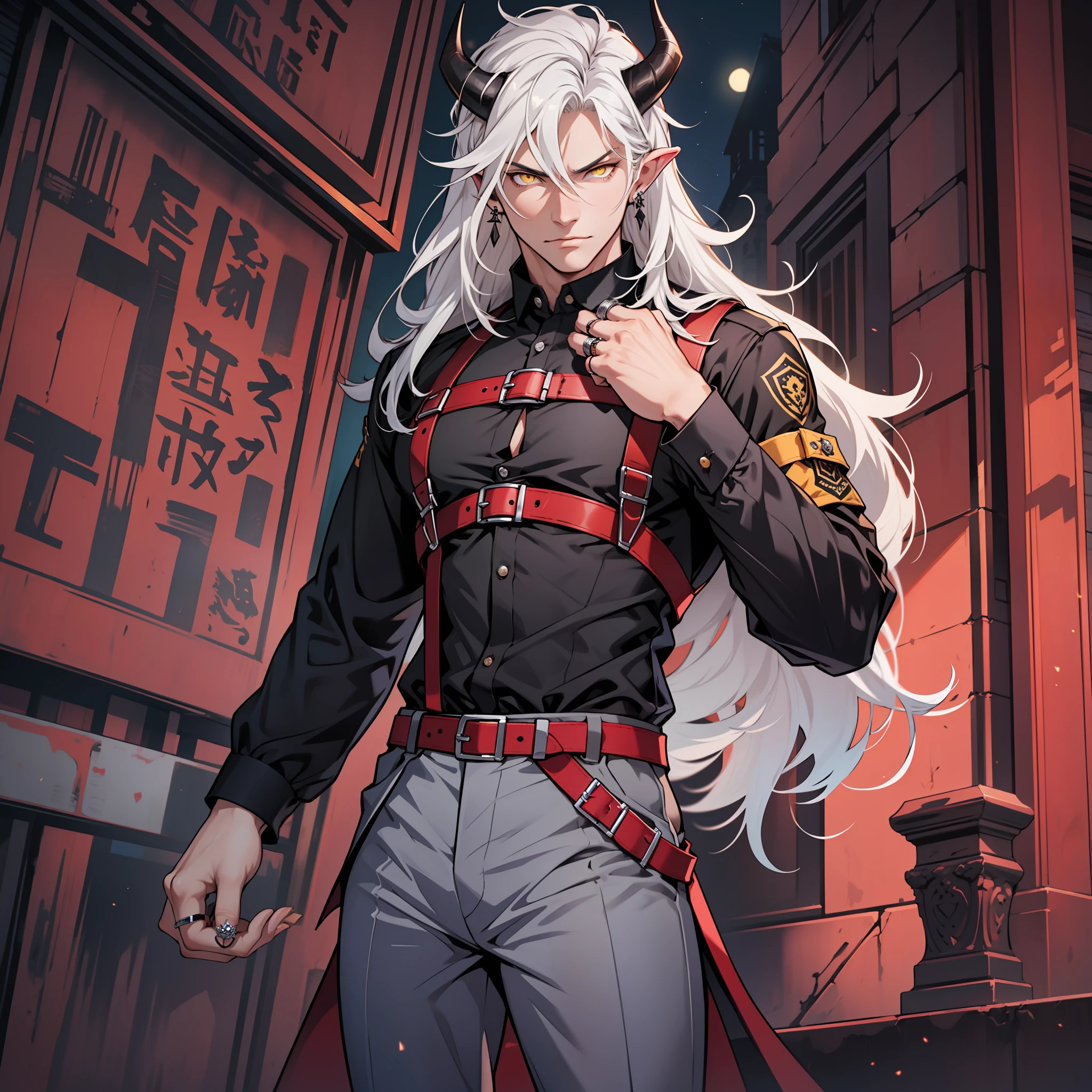 Handsome male, white hair, long hair, yellow eyes, horns, ear piercings, detailed body, detailed hands, grey button shirt, wearing chest harness, black pants, black boots, night fall, standing in palace, arrogant look, good looking, ring on finger