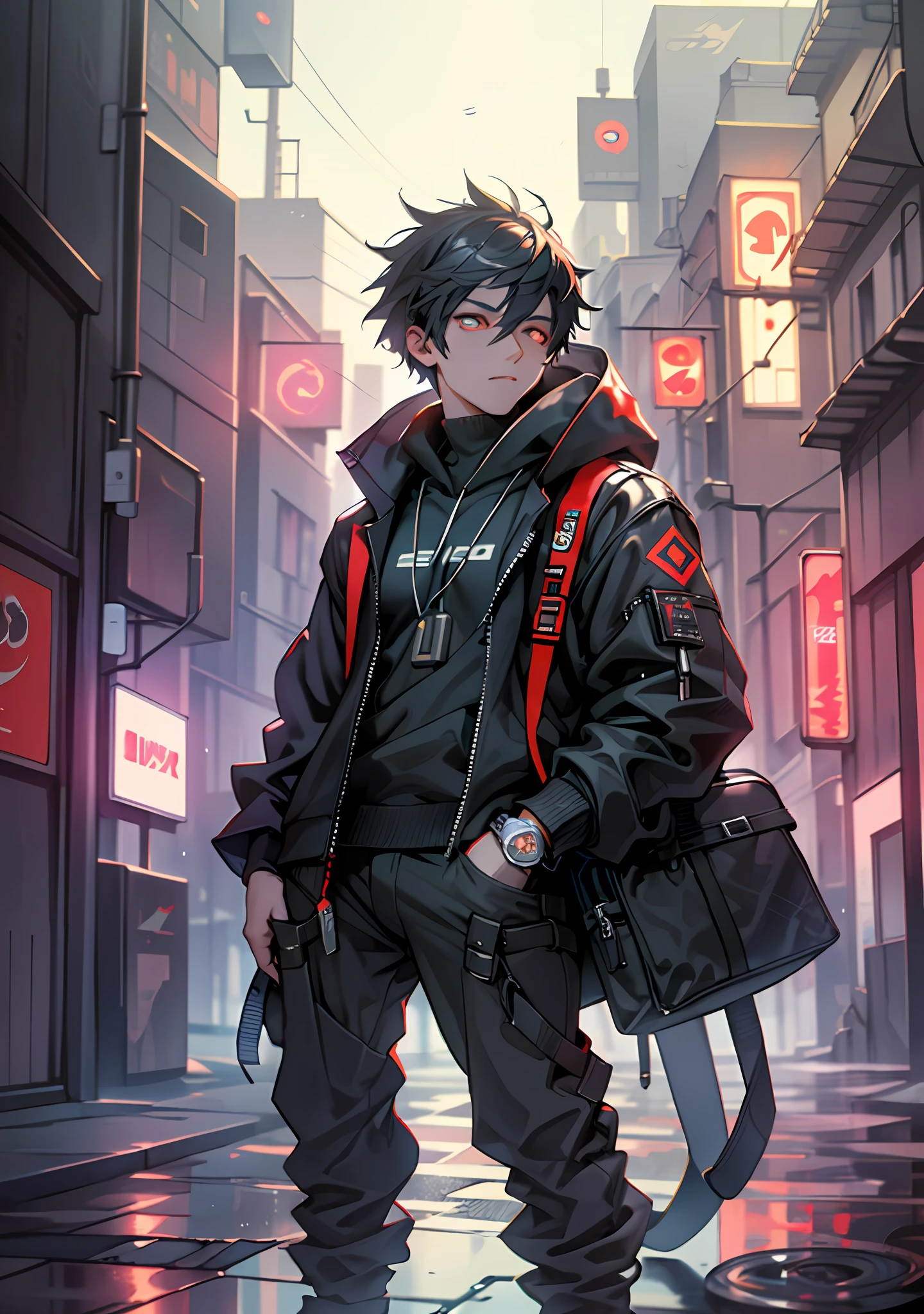 ultra-detail, high-resolution, A highly detailed, The best quality, superb, Top Quality, Highly detailed CG module 8K rainy weather wallpaper, Lighting o,Development, Fanboy Cat, cyberpunk, Boy Shadows,Glowing red eyes full body
